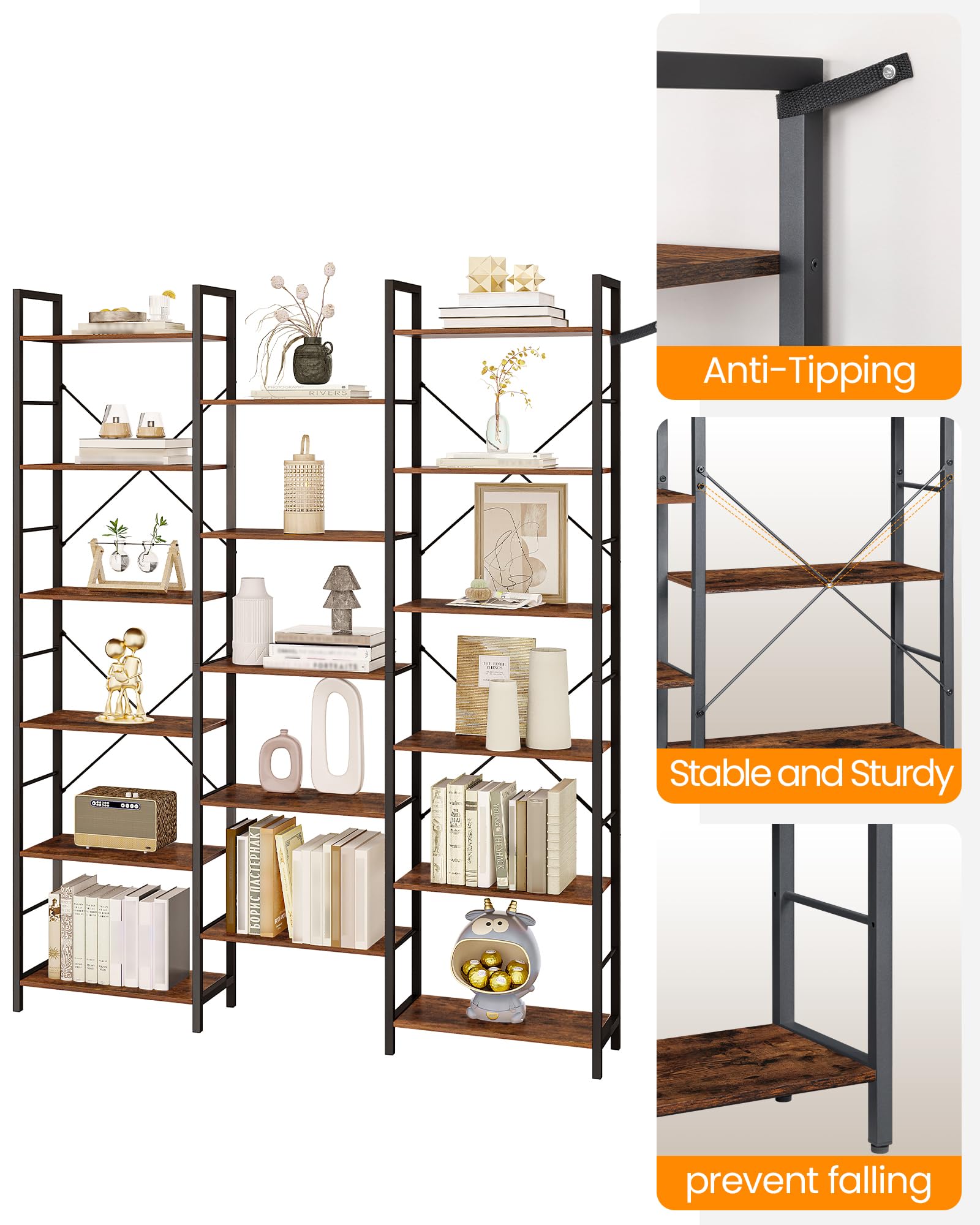 Hzuaneri 186 cm Bücherregale, Standregale, Regal mit 17 Fachböden, 6 Etagen, Verstellbarer Abstand, 24 x 152 x 186 cm, Tragfähigkeit 340 kg, Wohnzimmer, Büro, Vintage Braun-Schwarz BC10101B