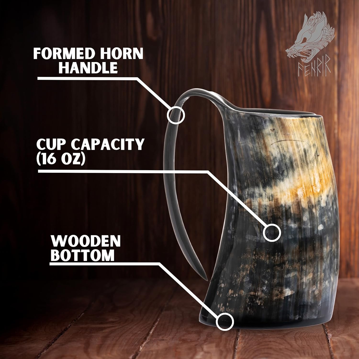 FENRIR Viking Drinking Horn Mug 16 oz – Gifts for Men, Dad, Husband – Unique Viking Gift – 100% Handmade Real Ox Horn Tankard with Shot Glass & Opener – For Beer, Ale, Mead - Image 2