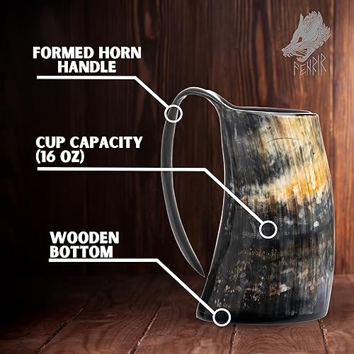 Miniatura 2 de FENRIR Taza de cuerno vikingo de 16 onzas  Regalos para hombres, papá, esposo  Regalo único vikingo  Jarra de cuerno de buey real 100% hecha a mano