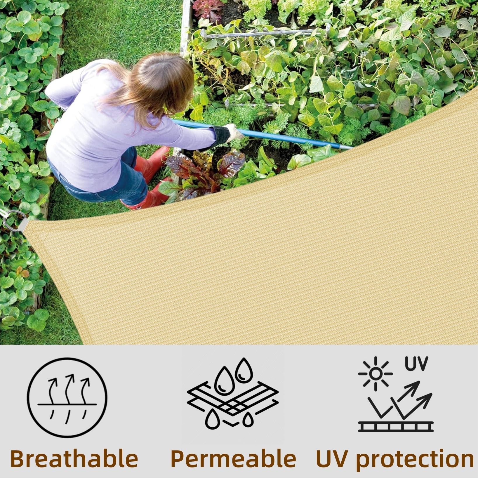 Toldo Vela de Sombra Transpirable 130 x 425 cm Rectangular HDPE Transpirable Protección Rayos 95% UV Toldo Exterior Malla Sombreo con SOGA para Exterior Terraza Patio Jardín Pergola, Color Crema