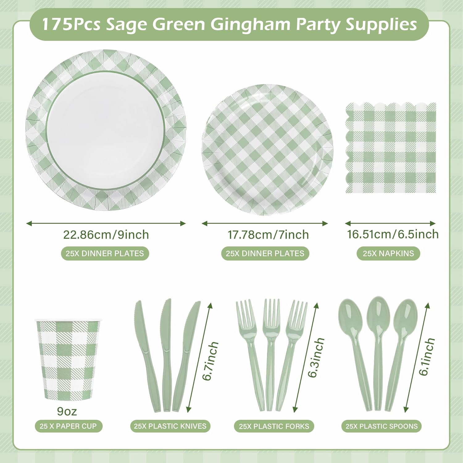 175Pcs Sage Green Gingham Party Supplies Green Gingham Paper Plates and Napkins Greeny Plaid Plates Disposable Sage and White Plaid Party Decor for Birthday Family Picnic BBQ,Serves 25 Guests - Image 2
