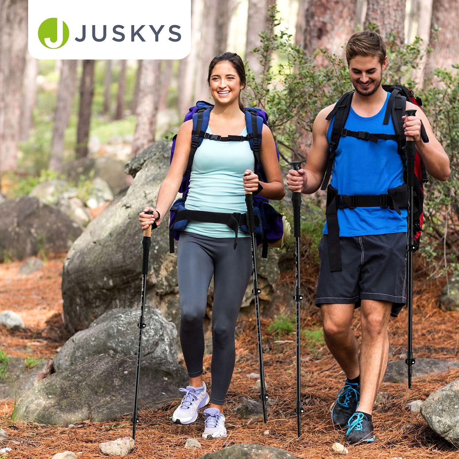 Juskys Bastones de senderismo telescópicos de aluminio, ligeros y extensibles, para hombre y mujer, con tope de goma y bolsa, mango de corcho, color negro