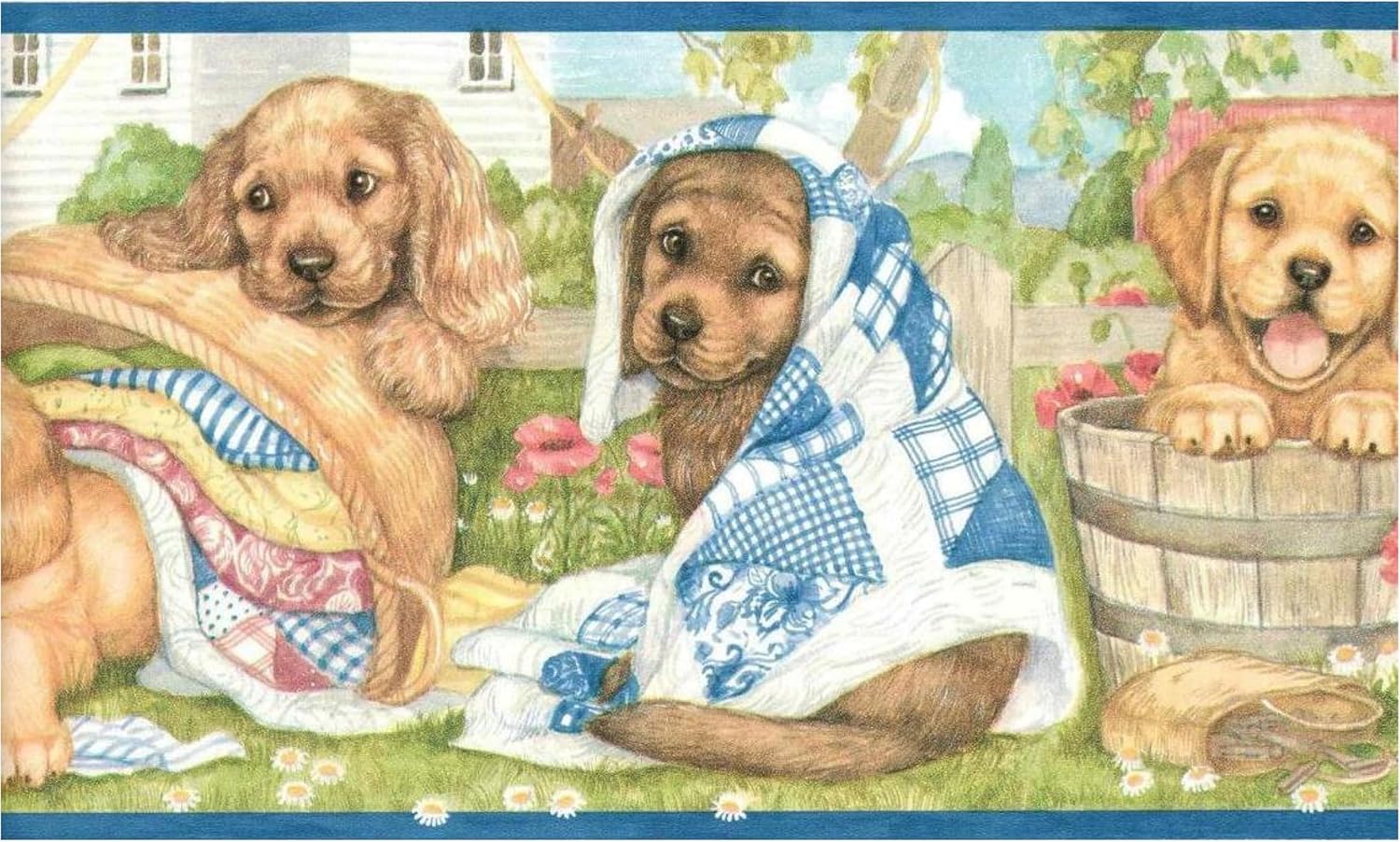 TRIMZ Puppy Laundry Wallpaper Border – Adorable Labrador Puppies & Clothesline in Farmhouse Scene, Prepasted Border for Laundry Room & Nursery Wall Décor, 15 Ft x 7 in