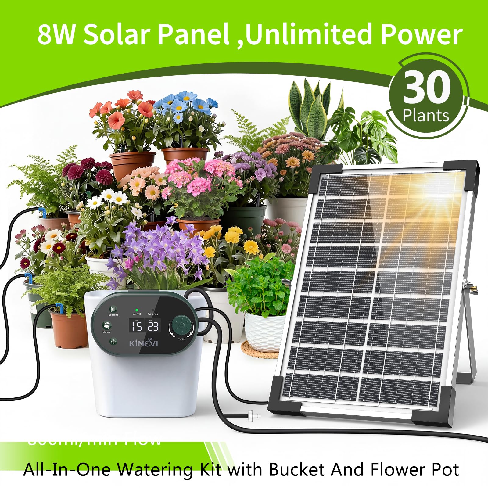 Sistema de riego solar de 8 W para jardín, riego automático con temporizador de 22 modos, manguera de 30 m y 30 chorros de goteo, juego de riego por goteo para balcón, bancal, invernadero y plantas en