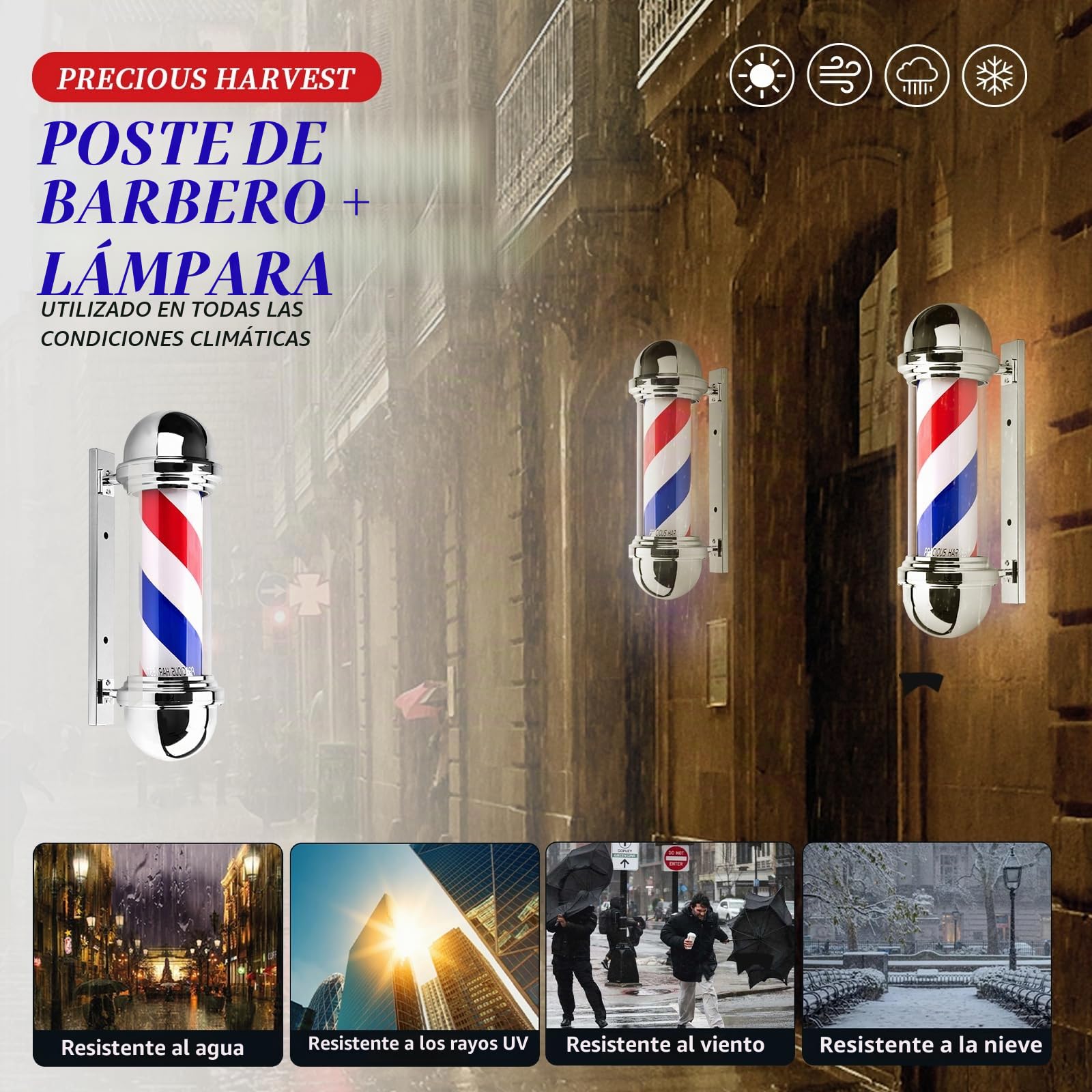 Vara Barbier de 51 cm, Luz giratoria de Barbería en Rojo, Azul y Blanco, Carteles clásicos para Salón de Peluquería, Fuente de luz LED (Plateado)