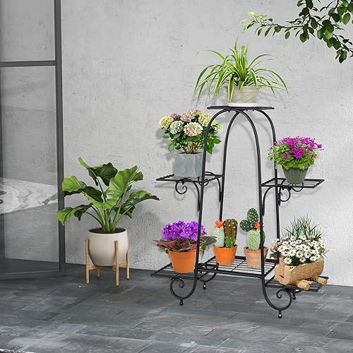 Miniatura 9 de S AFSTAR Soporte de metal para plantas de 6 niveles, soporte de exhibición de plantas resistente con almohadillas ajustables, panel de soporte de