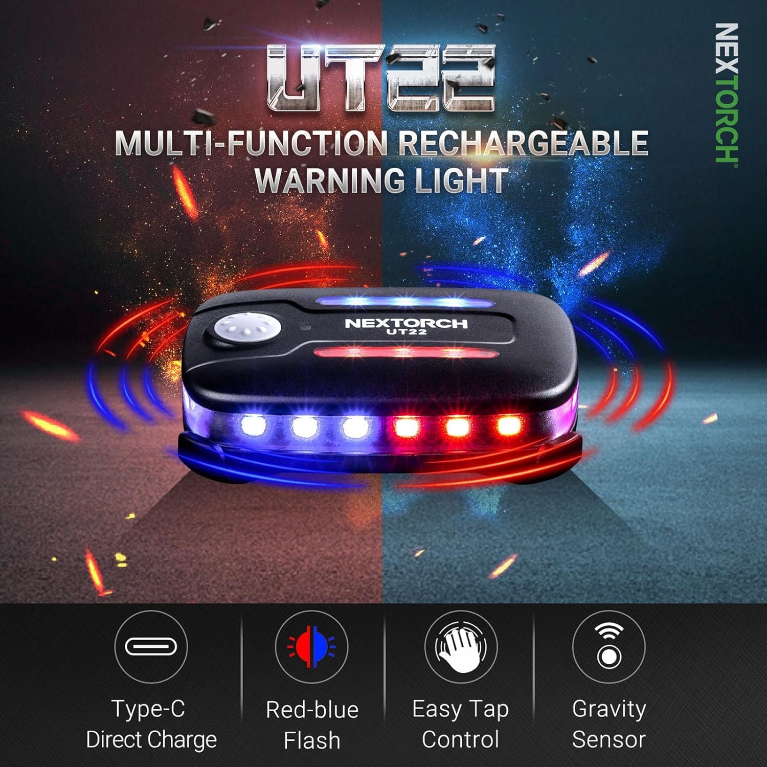 NEXTORCH UT22 360° visibilité IPX4 Rechargeable Lampe multifonction rouge et bleu clignotant 11 Lumens