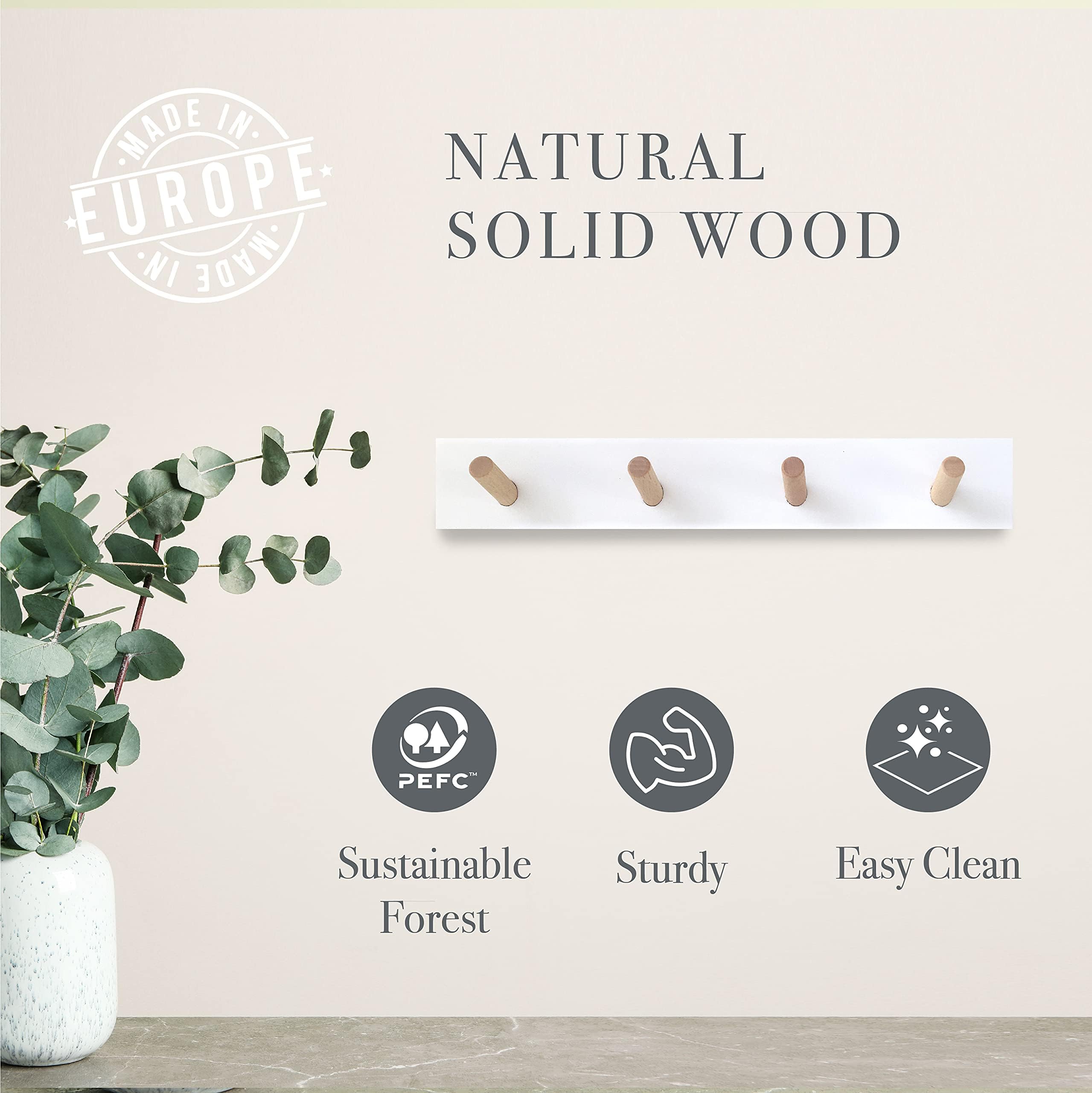 Perchero Pared Blanco ✮ Perchero Pared Madera 4 Ganchos ✮ Colgador Diseño Nordico para Entrada Dormitorio Salon Infantil (Blanco)