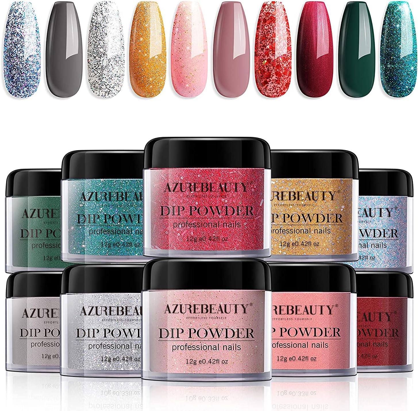 Azurebeauty Dipping Nail Powder Kit - 10 Colors Dip Powders Nails Set For Christmas With Gift Box No Uv/Led Lamp Needed French Manicure Art Blue, Red, Green, Glitter, Pink, Grey