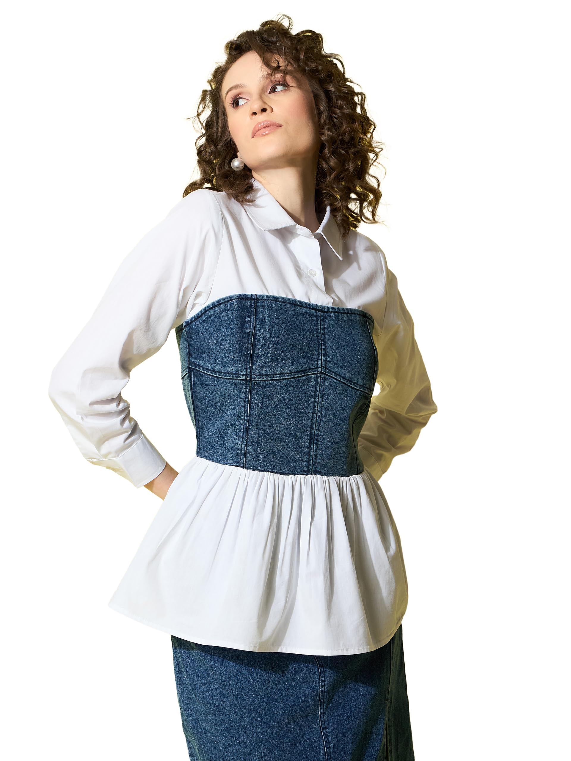 stylestone Women's Cotton Shirt with Attached Denim Corset-picture-25