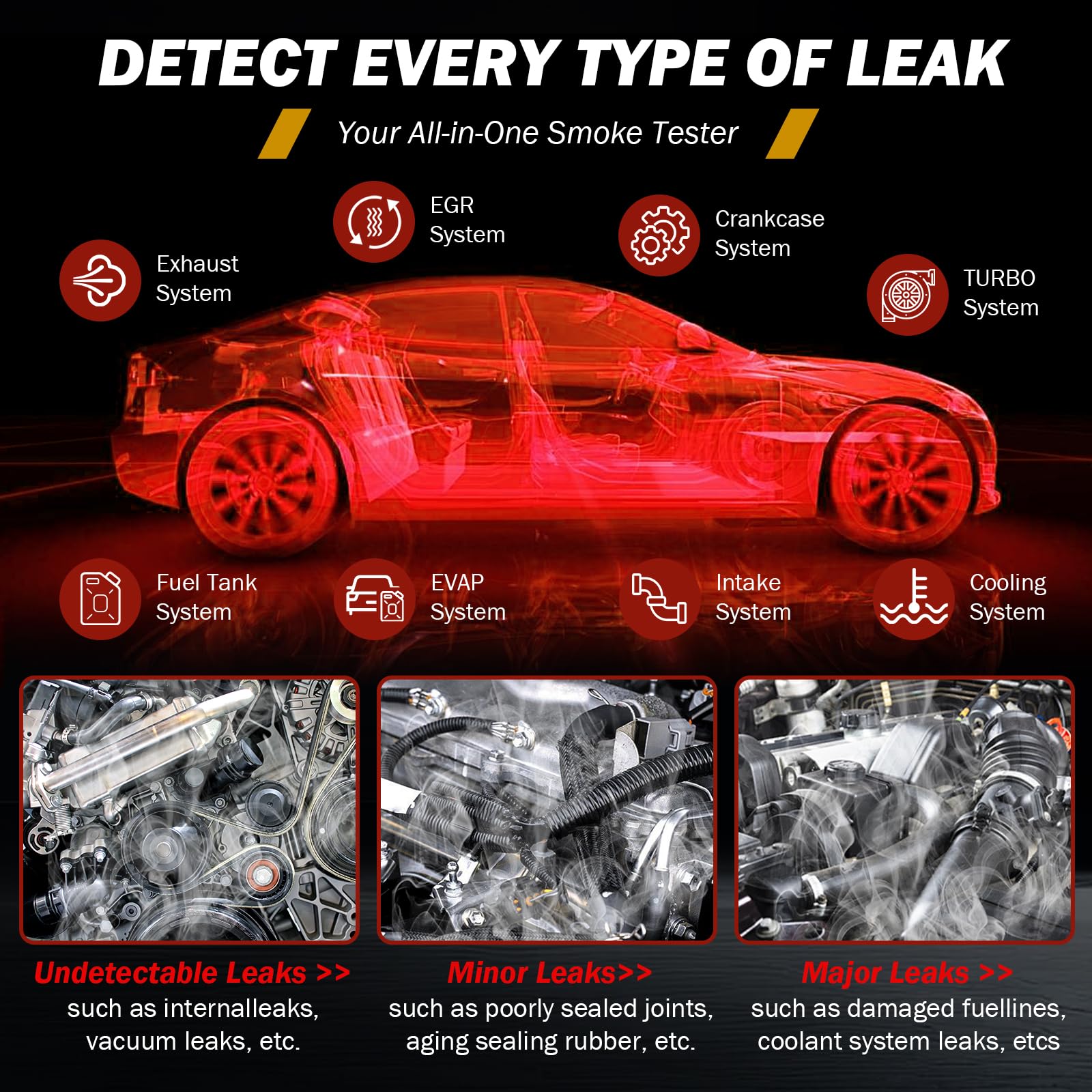 Smoke Leak Detector ，Automotive Smoke Machine， for Detecting leaks in Vacuum, Fuel, EVAP and Other Automotive Systems. (Red Strap Model)