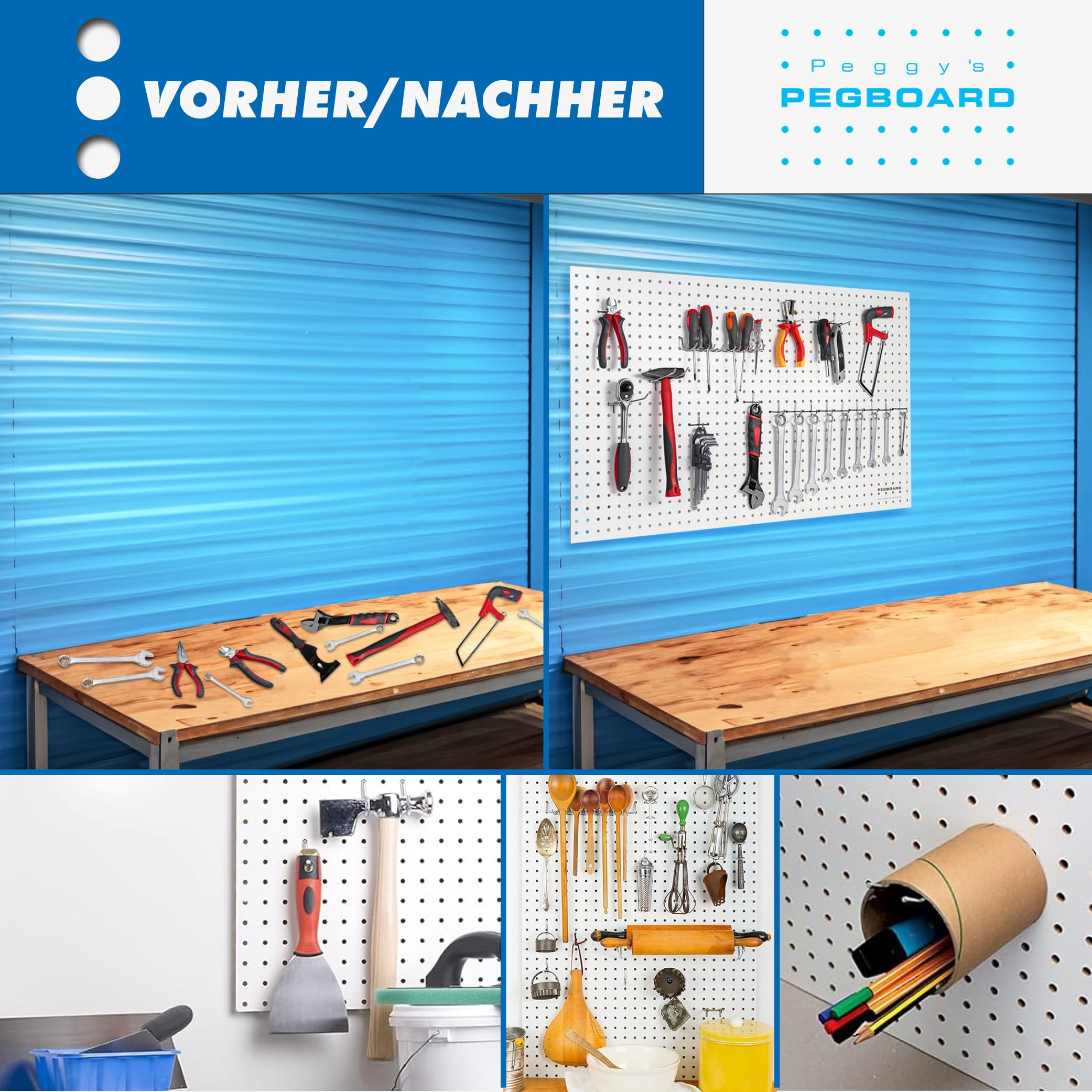 Pegboard Midi 4 St. Werkzeugwand aus Holz (MDF) 99 x 58,5 x 0,4 cm - Lochung Ø5 mm Lochabstand 15 mm - grau lackiert - Made in Germany