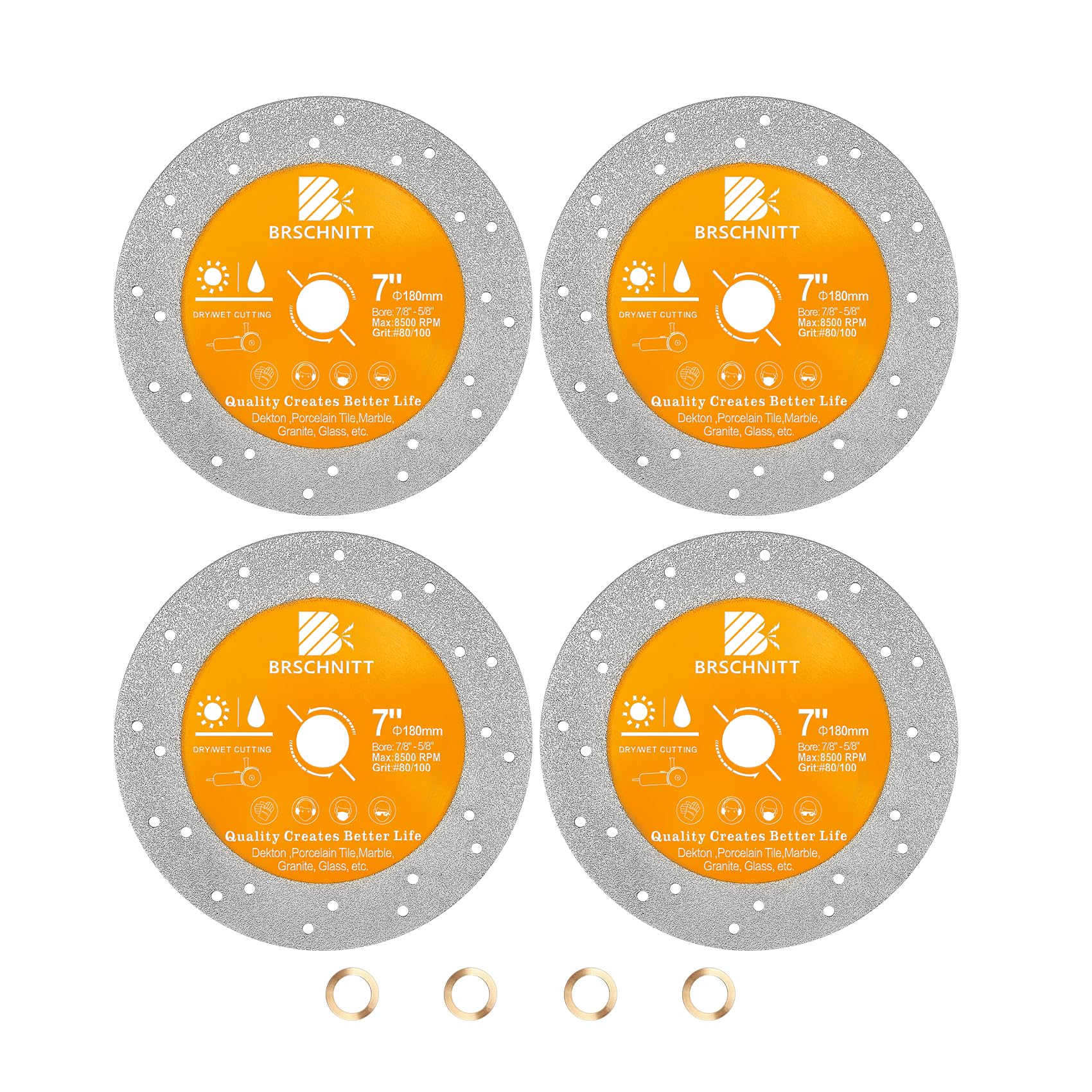 BRSCHNITT Rock Slab Grinding Disc - 7 inch(180MM) Glass Cutter Disc (4pcs), Granite Cutting Disc, Diamond Grinder Wheel for Rock Slab, Stone, Tile, Marble, Granite, Glass Diamond Cutting Discs