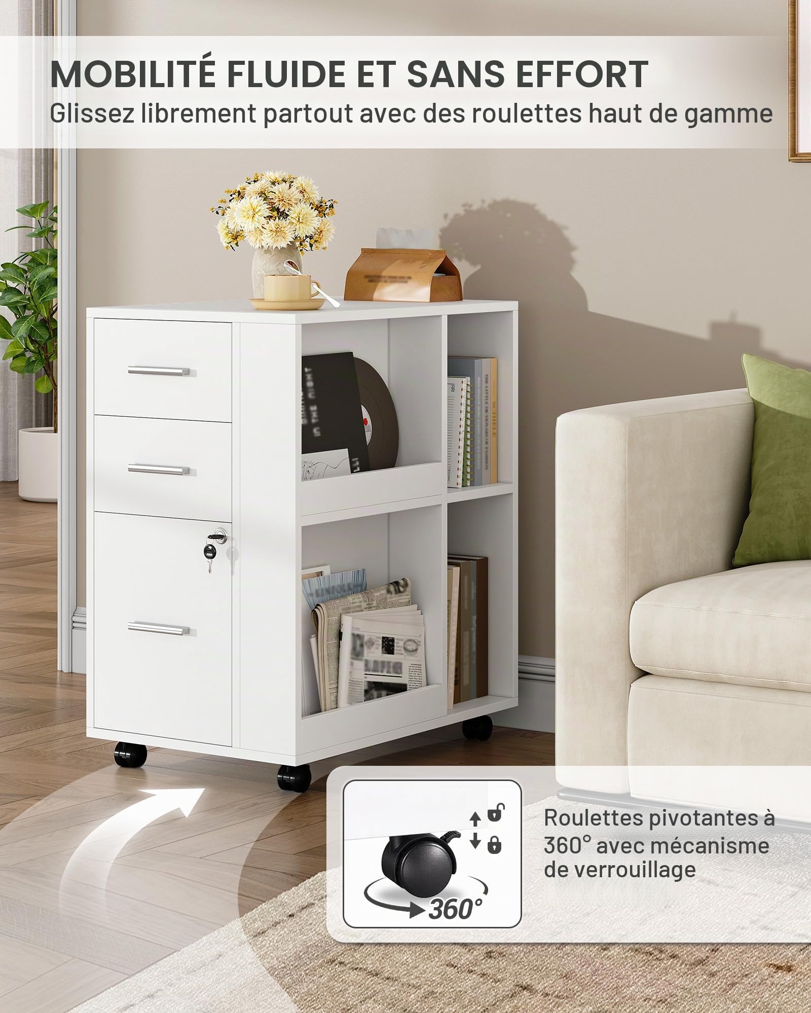 Hzuaneri Caisson Bureau 60 x 40 x 70cm 3 tiroirs Porte-revues Blanc