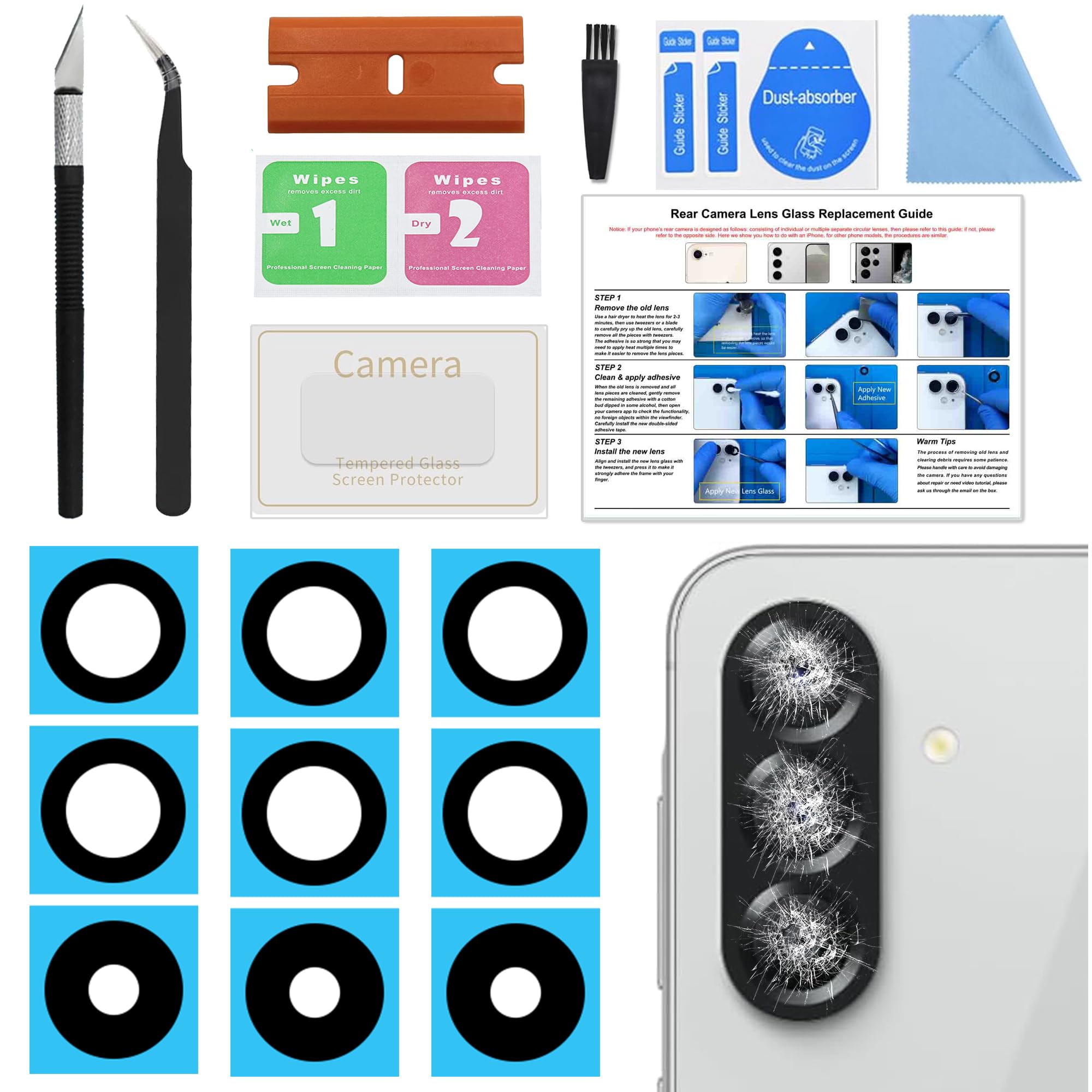 3 Pack Back Camera Lens Glass Replacement Kit Compatible with Galaxy A56, with Tools & Instruction