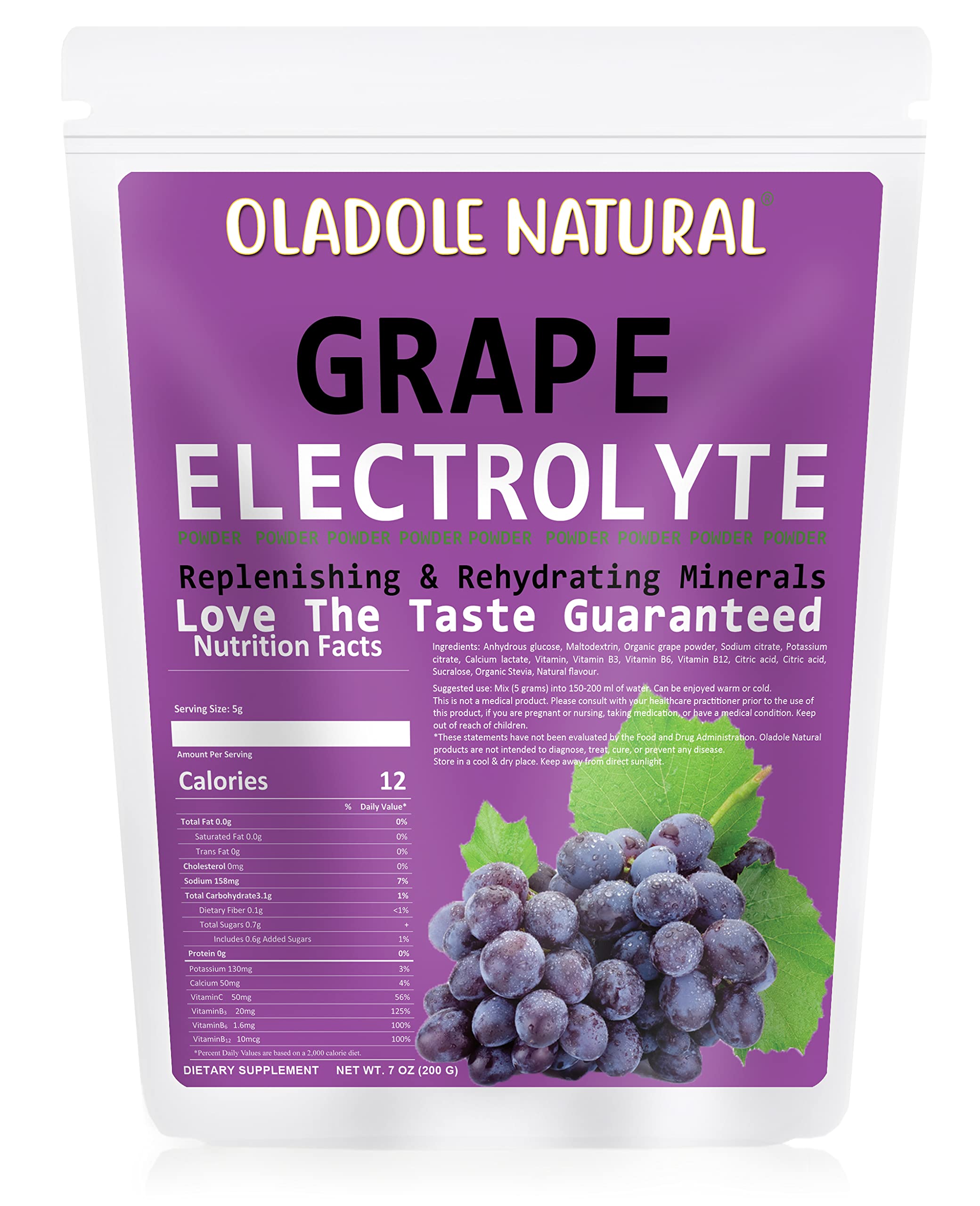 Oladole Natural, Electrolytes Powder, Grape Flavor - Advanced Hydration, and Boost Energy- 200g