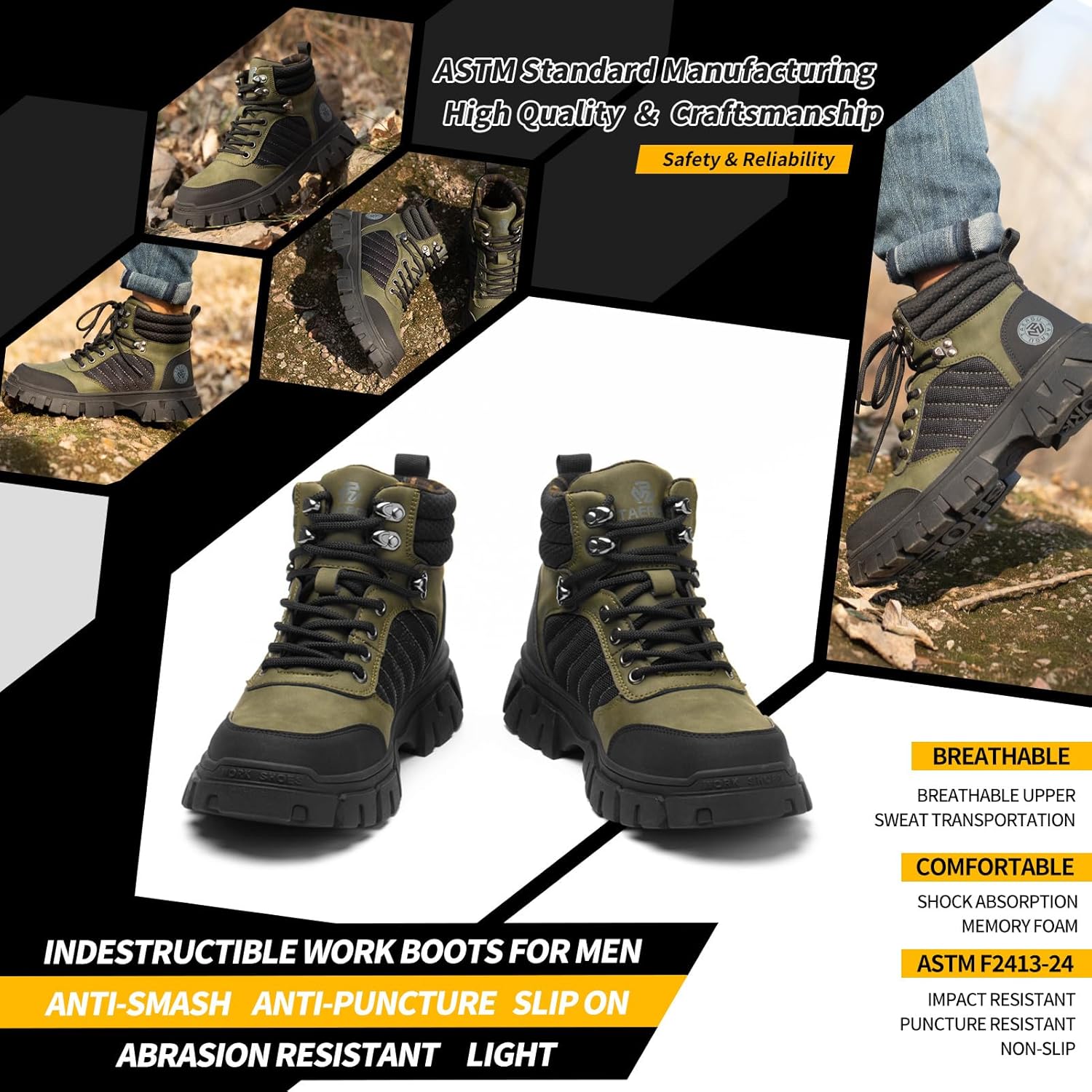 KELODON Waterproof Steel Toe Boots For Men-6 Inch Comfortable Mens Safety Work Boots Indestructible Steel Toe Shoes Lightweight Non Slip Puncture Resistant Industrial Construction Boot - Image 5