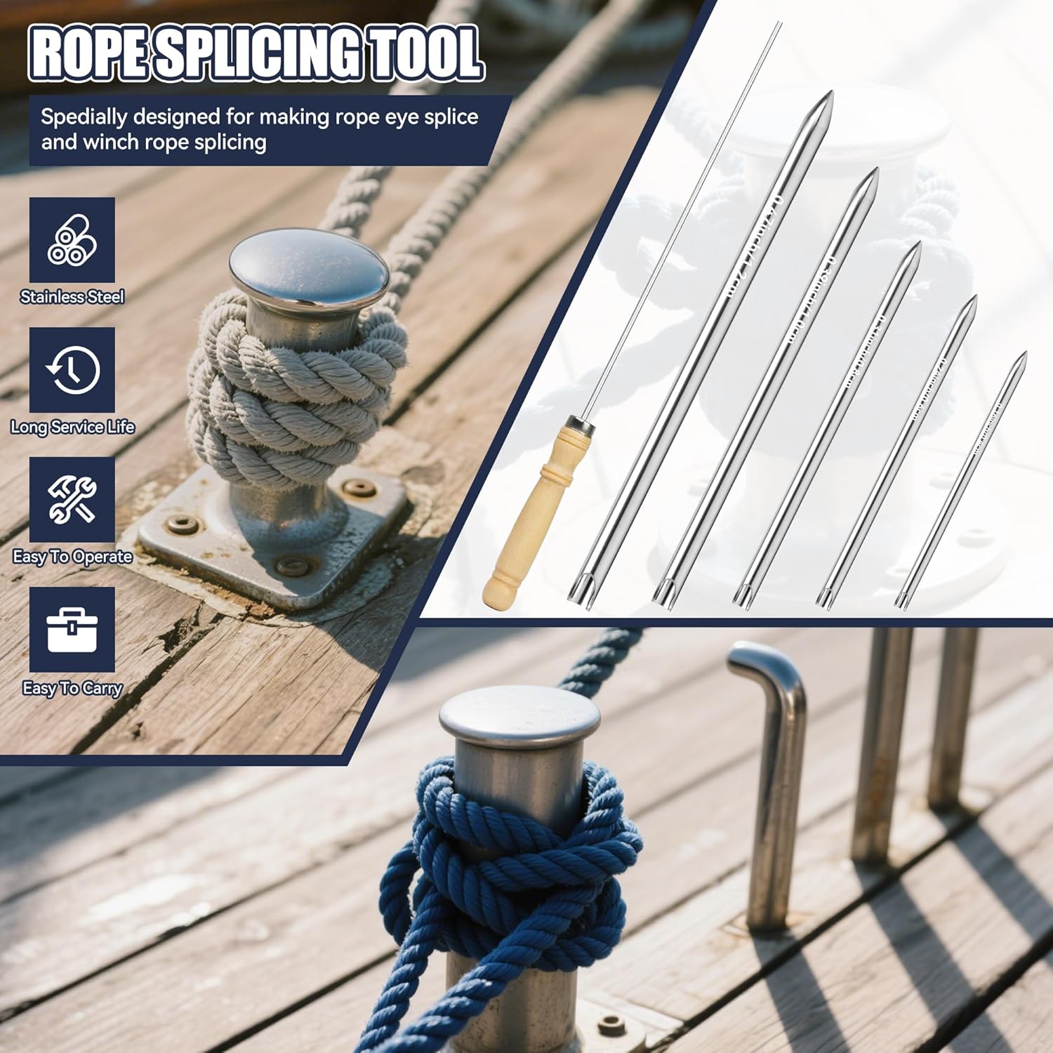 Rope Splicing Tools,Stainless Steel Line Braiding Set Tool Include 5 Sizes 1/4" 5/16" 3/8" 7/16" 1/2" and 1pcs Pusher,Ropes FID Kit for Splicing Double Braid Eye Rope