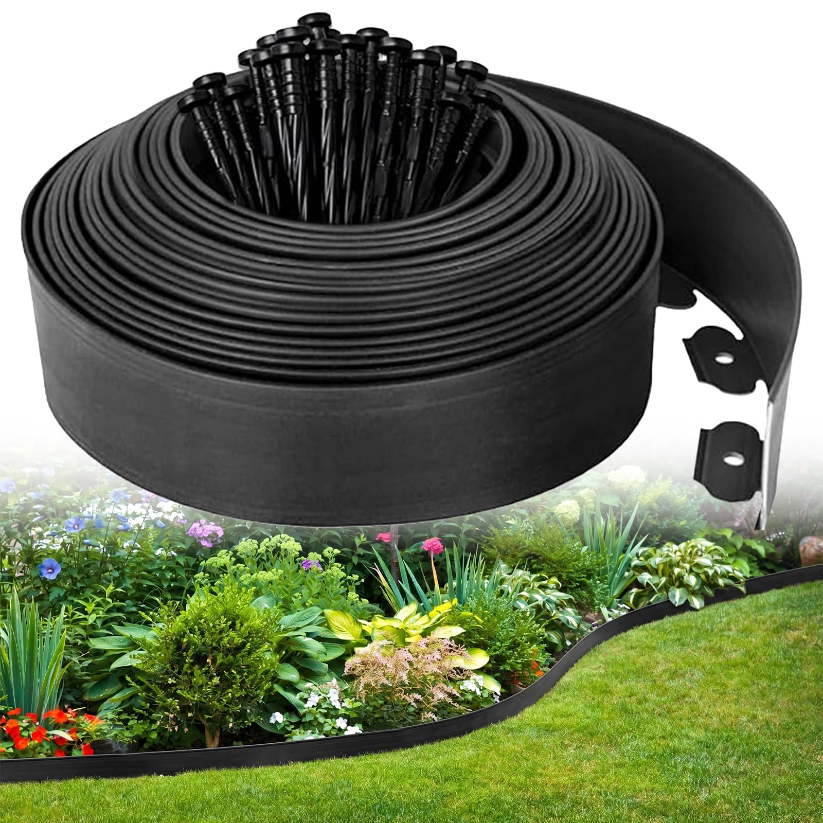 Rasenkante Kunststoff, 10cm Hoch 10m Lang Beetumrandung Rasenkantensteine mit 30-teiligen Heringen, No-Dig- Rasenkanten für Blumenbeet (Black)