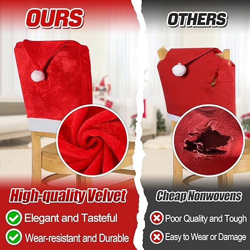 Miniatura 3 de ANPHSIN Juego de 6 fundas de terciopelo para sillas de Navidad, fundas para respaldo de silla con sombrero de Papá Noel, color rojo, para decoración