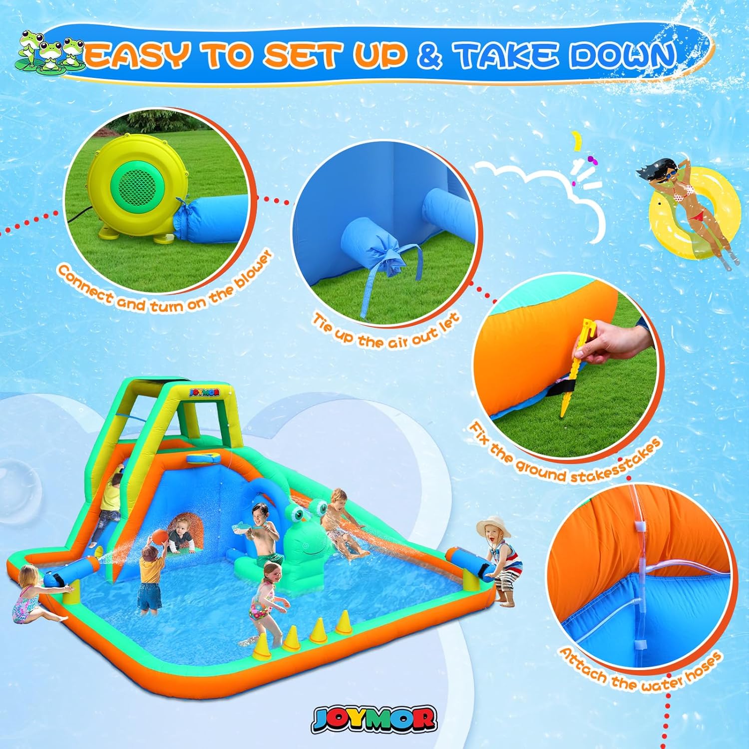 JOYMOR Frog Inflatable Water Slide for Kids – 8-in-1 Backyard Water Park with Frog Sprinkler, Climbing Wall, Tunnel & Games – Outdoor Summer Fun for Ages 3-8 with 480W Blower