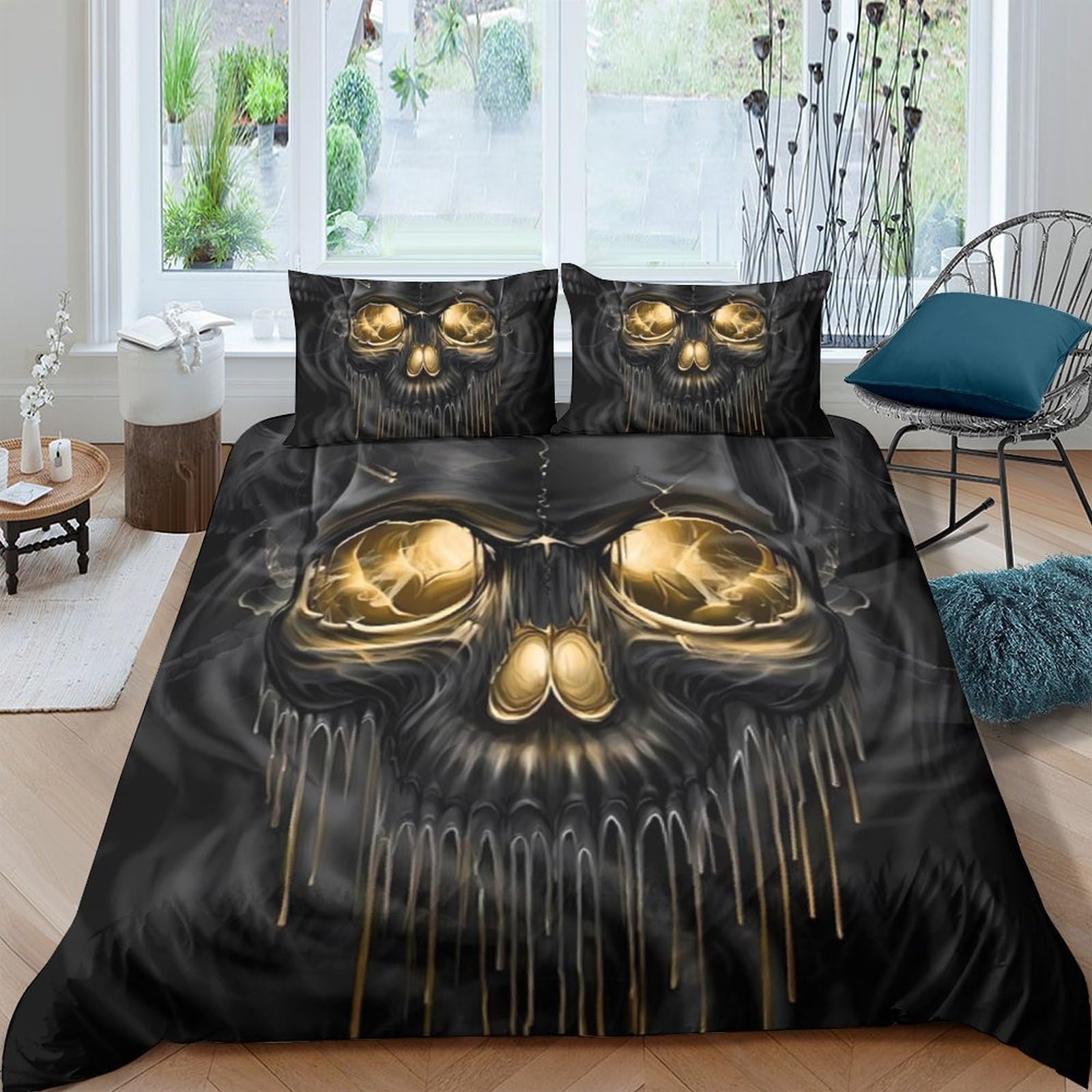TUFRTGYHN 3D Printed Gold Skull Duvet Cover Microfiber Black Gothic Skull Bedding Set with 2 Pillowcases for Bedroom Decor Single（135x200cm）