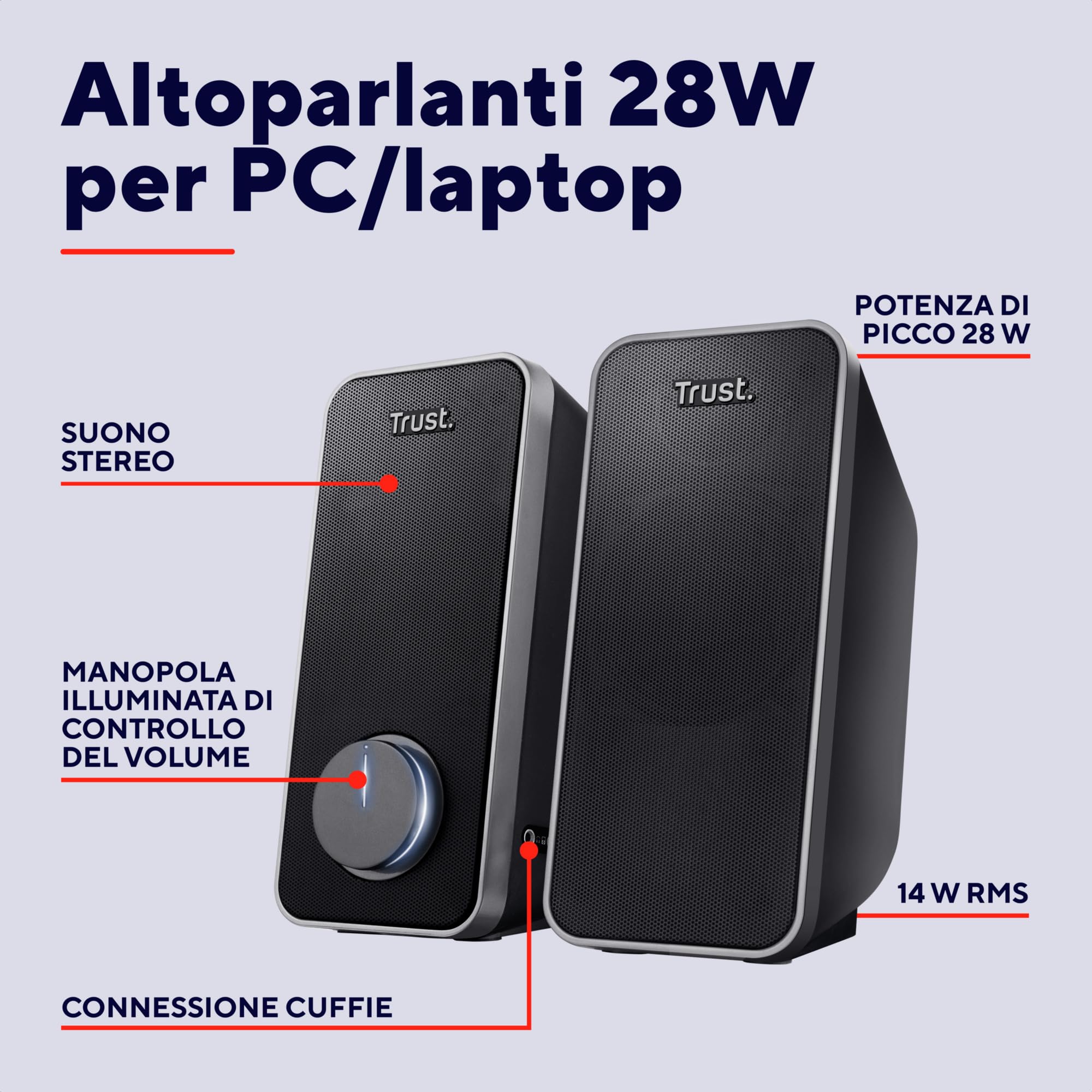 Trust arys standard Casse PC 2.0 Set Altoparlanti Stereo, 28 W, Alimentazione USB, Jack AUX 3.5 mm, Casse per PC Fisso, Altoparlante per Computer, Portatile, Tablet, Smartphone - Nero