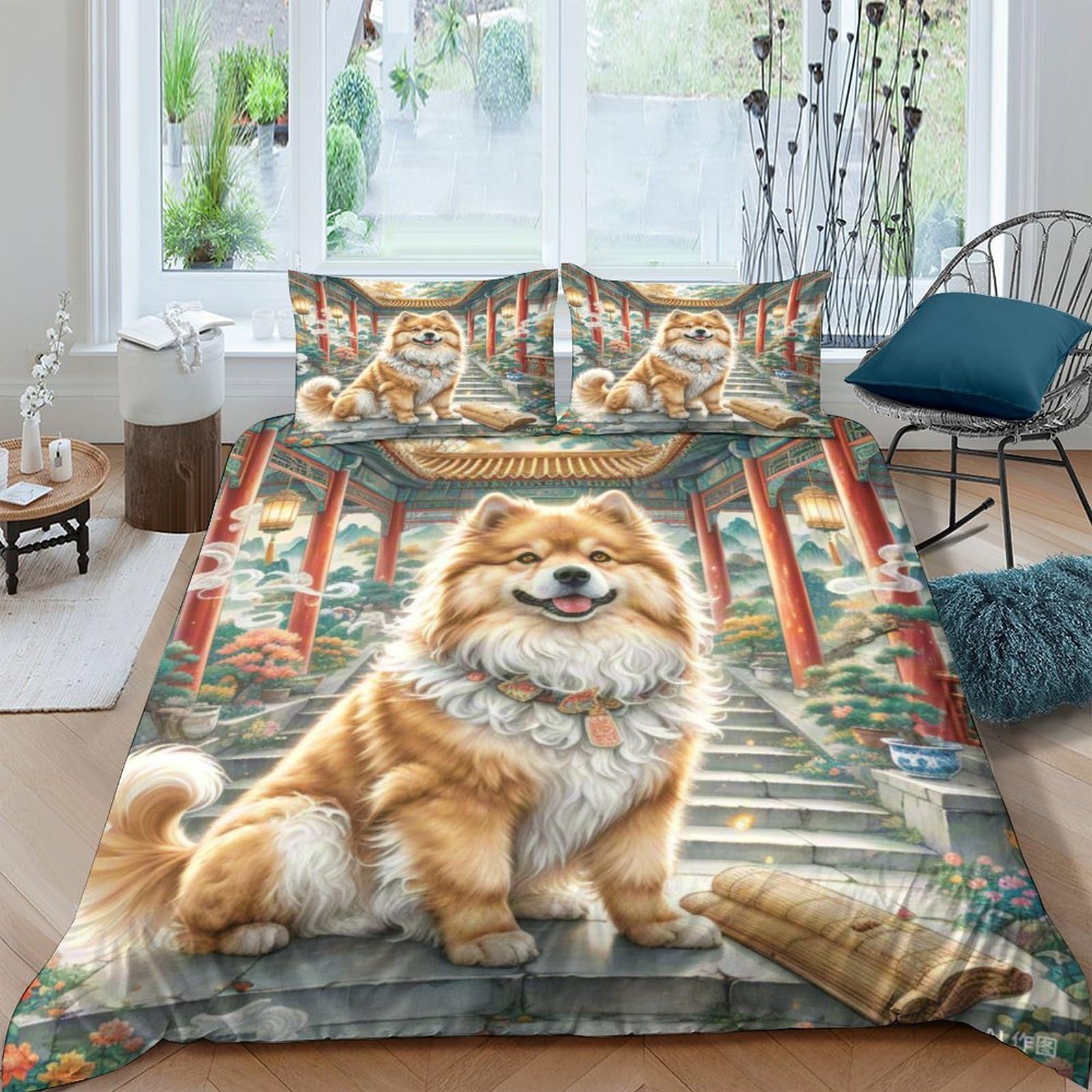 Housse de couette Pékinois 3D microfibre douce lit 2 personnes 220x240cm