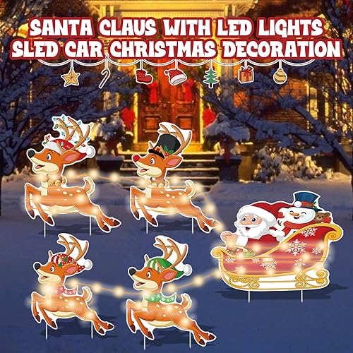 Miniatura 5 de Paquete de 5 carteles de Navidad para patio, decoración de estacas impermeables para exteriores, lindos renos, muñeco de nieve, tren, Papá Noel,