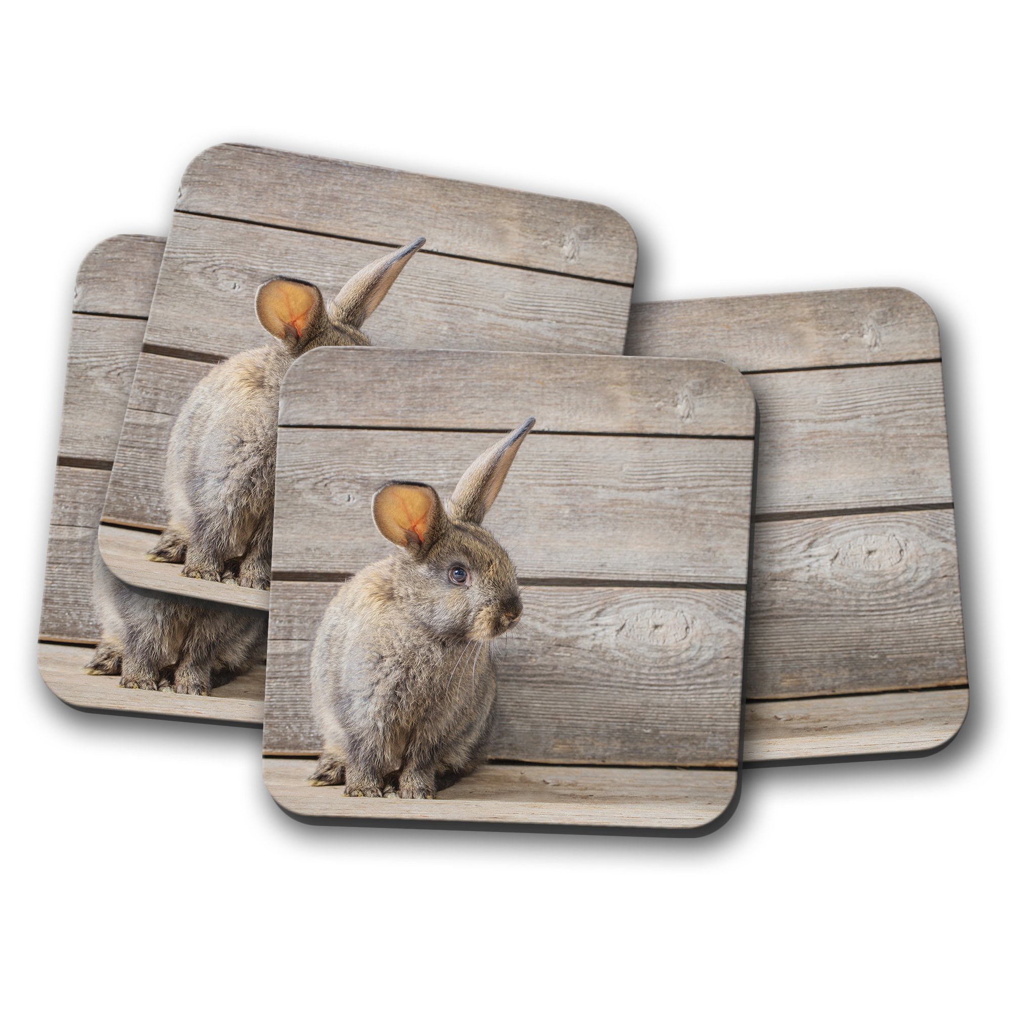 4 Set - Gorgeous Rabbit Cork Backed Drinks Coaster - Grey Brown Bunny #8390