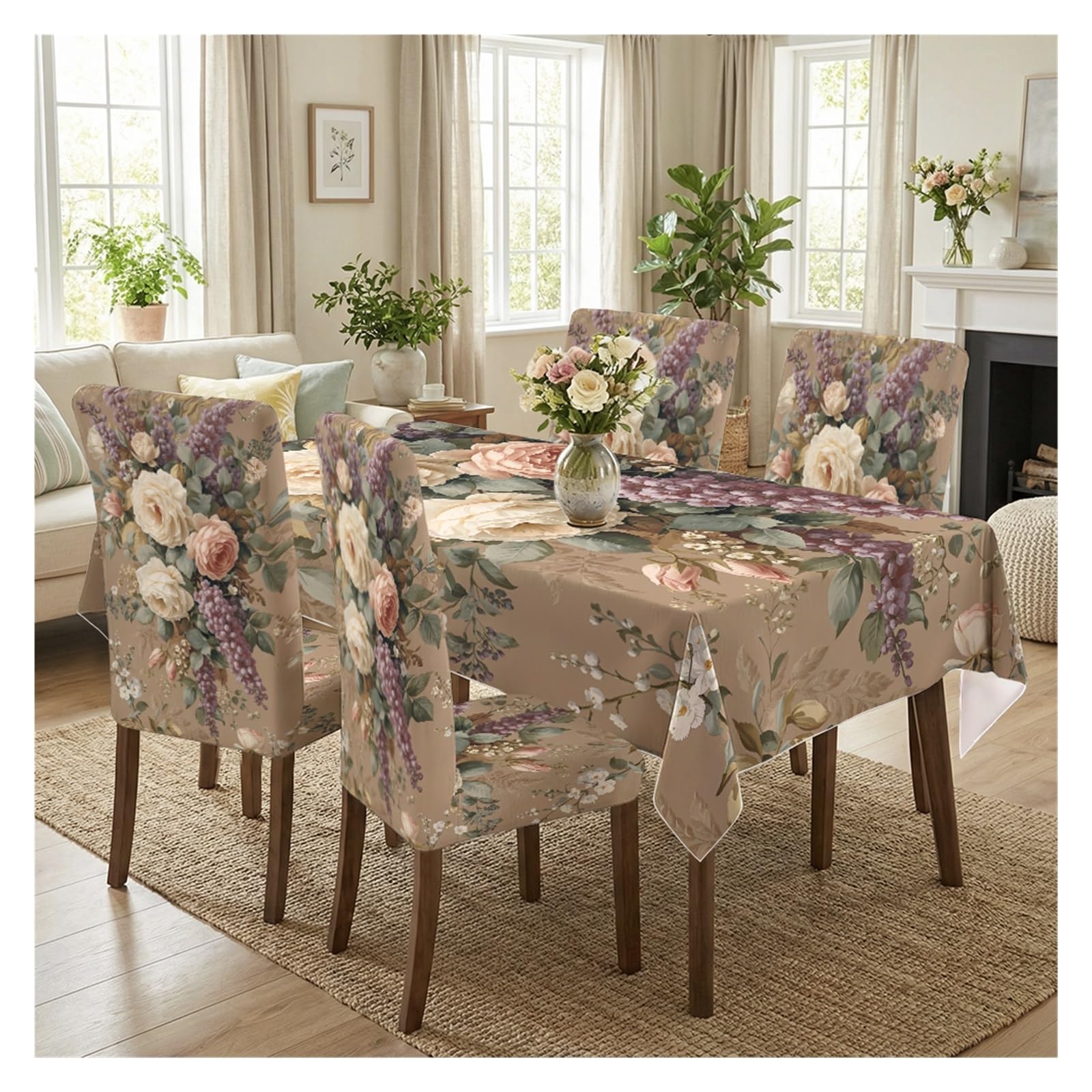 BOSUYBN Vintage Floral Dining Chair Covers with Tablecloth Set, 5/7 Piece Stretch Chair Slipcovers for Home Dining Setup Table Setting(5pcs Set: Tablecloth+Chair Covers)