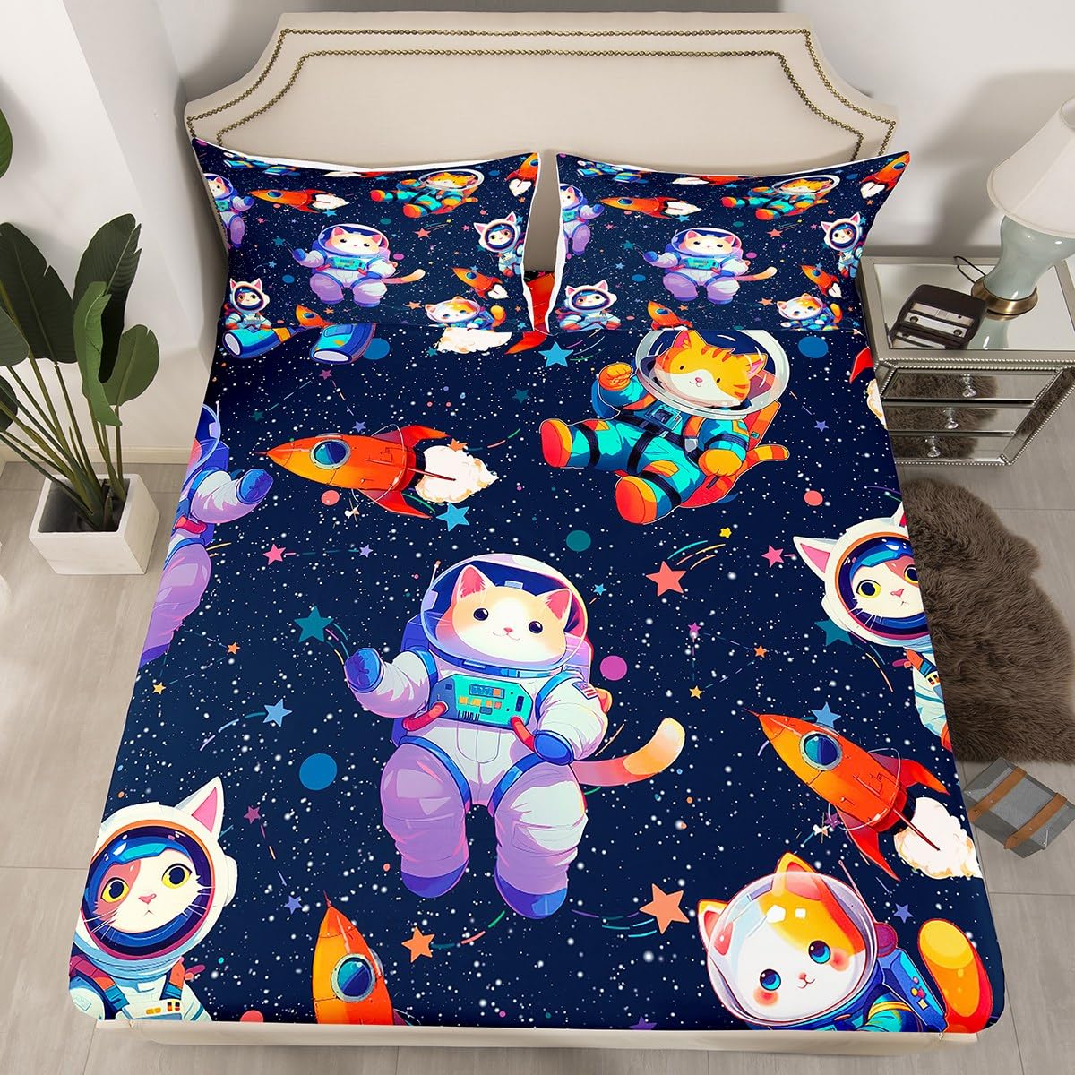 Cartoon Cat Fitted Sheet Set Full Size 4 Pcs,Starry Galaxy Teens Sheets,Astronauts Outer Space Universe Bedding Sets (1 Fitted,1 Flat,2 Pillowcases)