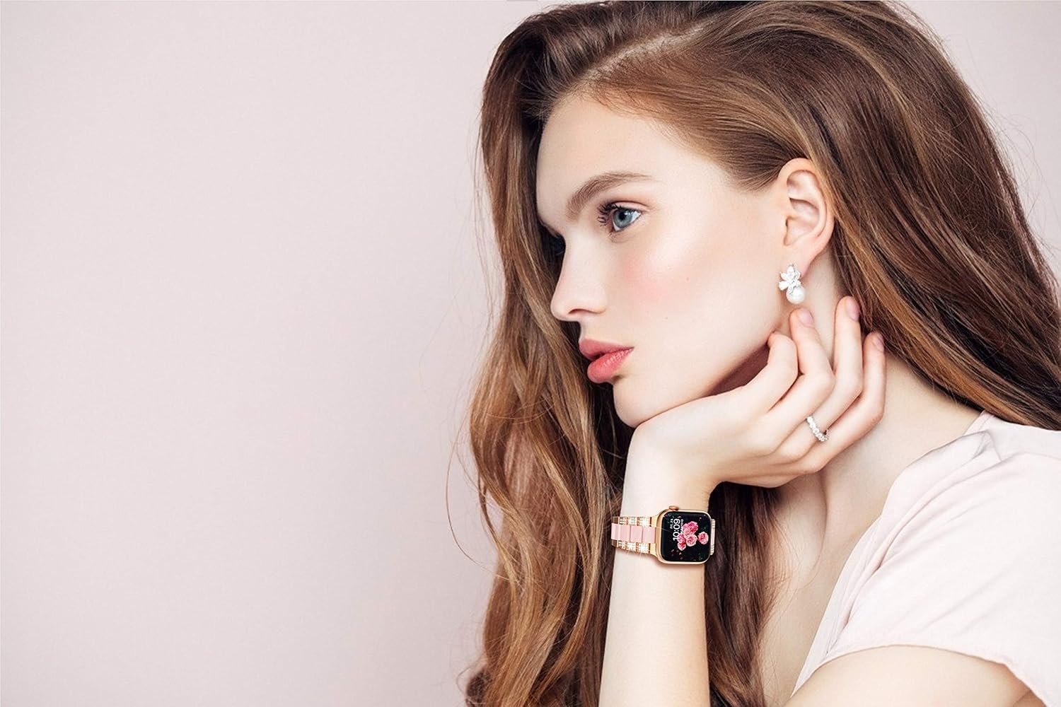 GELISHI Compatible with Apple Watch Band 46mm 45mm 44mm 42mm Women Bling Stainless Steel Resin Band Bracelet Fashion Wristband for Watch Series 9 8 7 6 5 4 3/ SE 2, Rose Gold/Pink