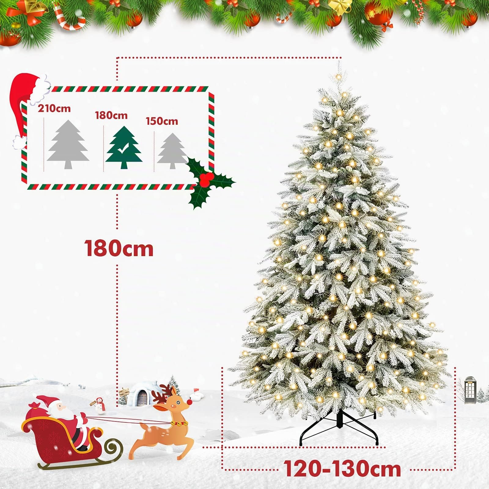 Yorbay Árbol de Navidad Artificial, con Luces Led y Copos de Nieve Decoracion Navideña, Soporte en Metal (180cm)