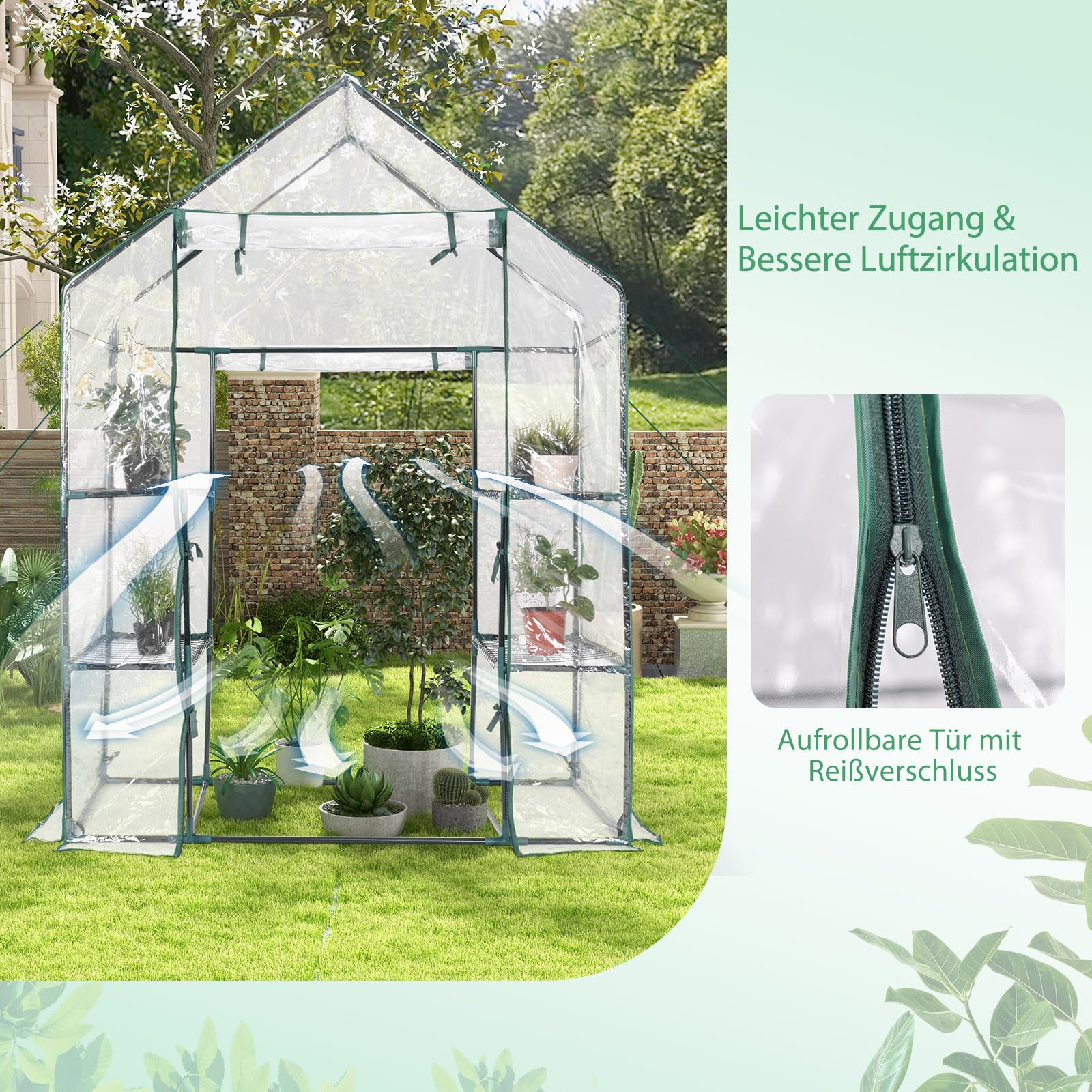 COSTWAY Gewächshaus Foliengewächshaus, Treibhaus mit 2 Pflanzenständern & aufrollbaren Tür, Tomatenhaus Tomaten, Pflanzenhaus mit PE Gitterfolie, 143x73x195cm, Weiß und transparent