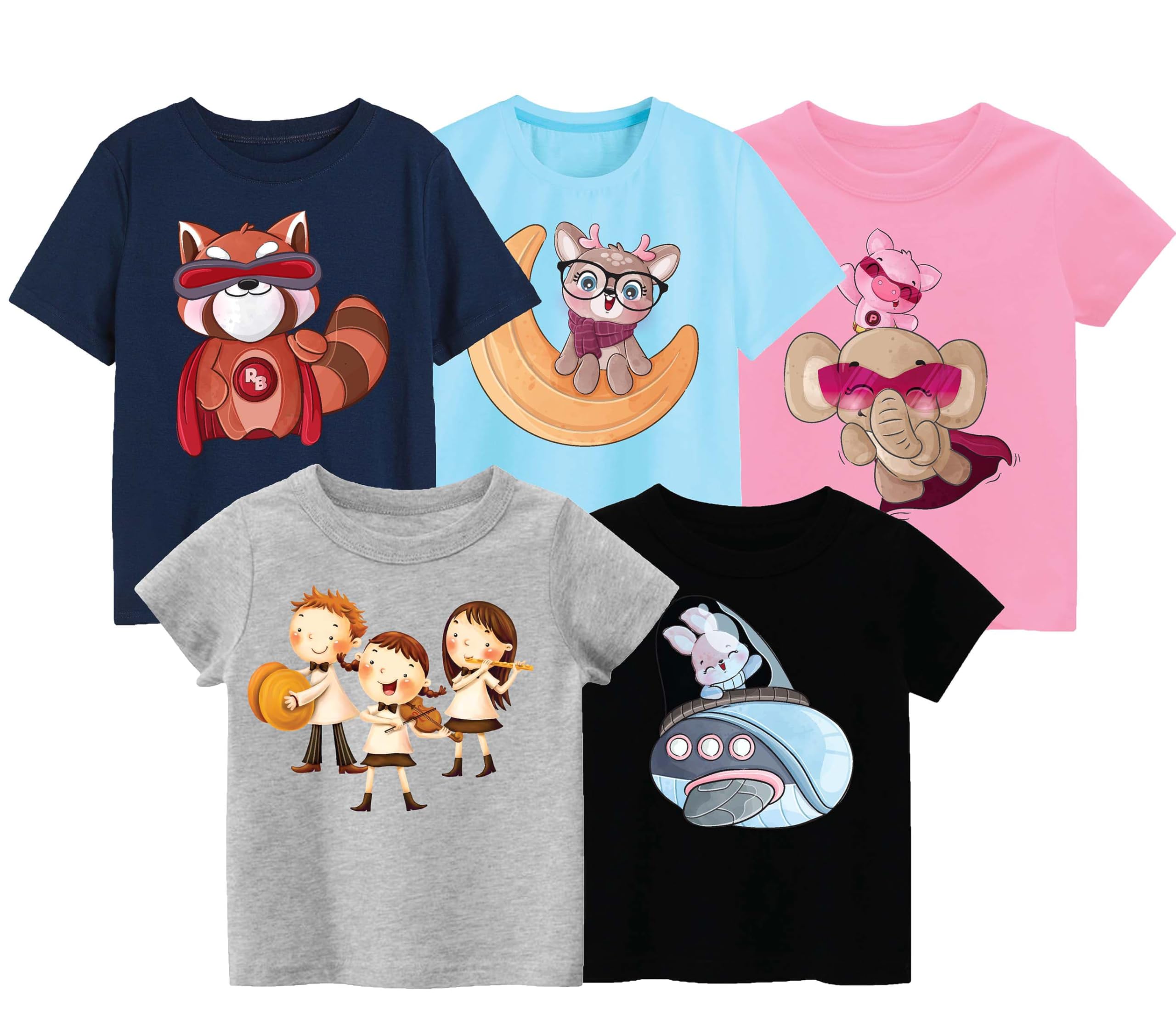 lenam Stechable Cotton Soft Comfy Kids/Baby Tshirt with Multi Prints- 5pcs Combo - Breathable, Casual Crew Neck Tee for All Seasons-picture-0
