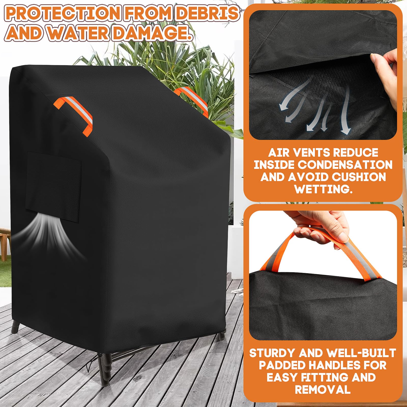 Stacking Chair Covers Garden Waterproof for Outdoor Patio Chair Cover dust-Waterproof weatherproof snow-resistant 600D PVC Oxford Fabric Heavy Duty for Stackable Chair Cover (Black - Image 3