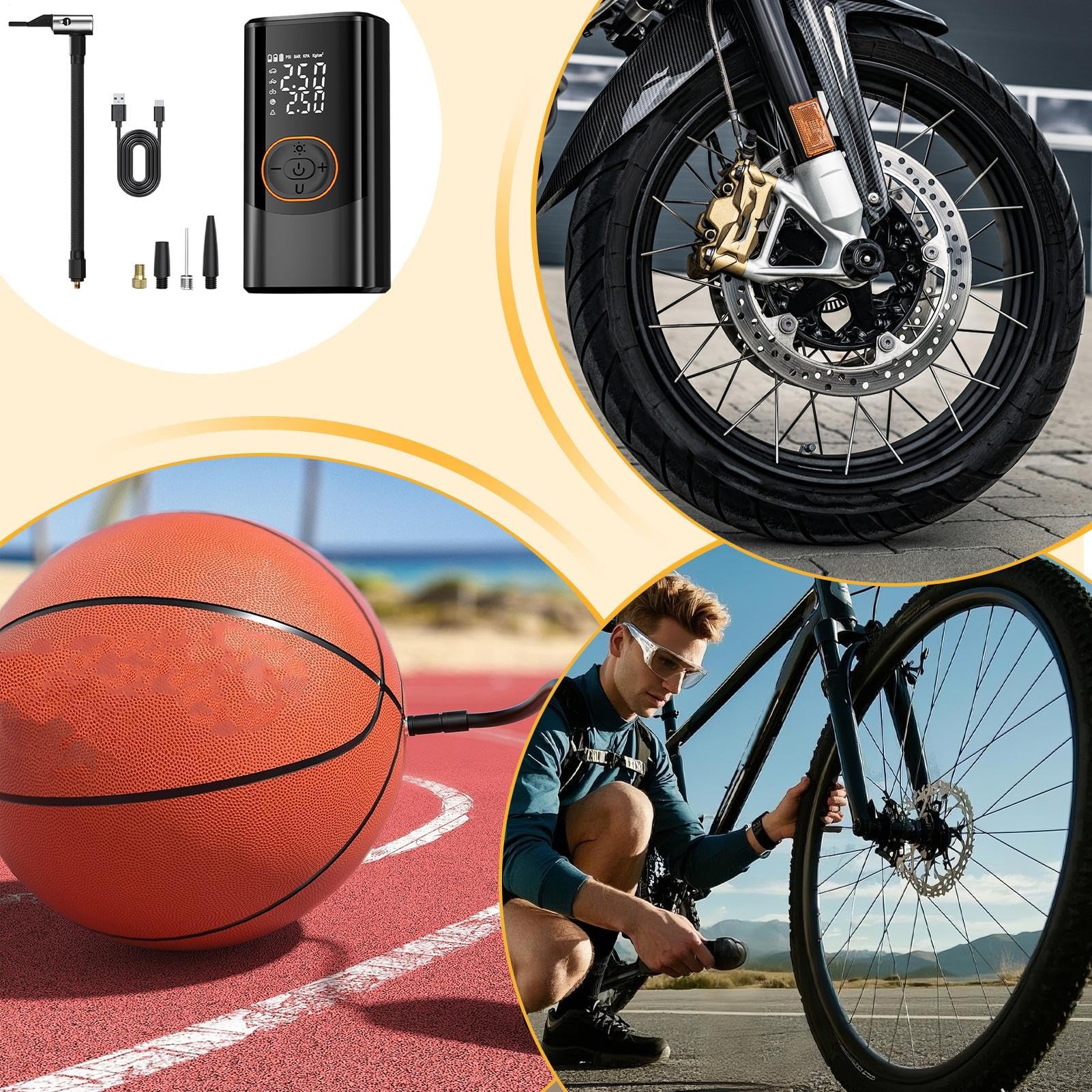 Pompe Électrique Portable Gonfleur Intelligent sans Fil | 3 Éclairages 4 Modes Pompe Électrique pour Camping Extérieur Moto