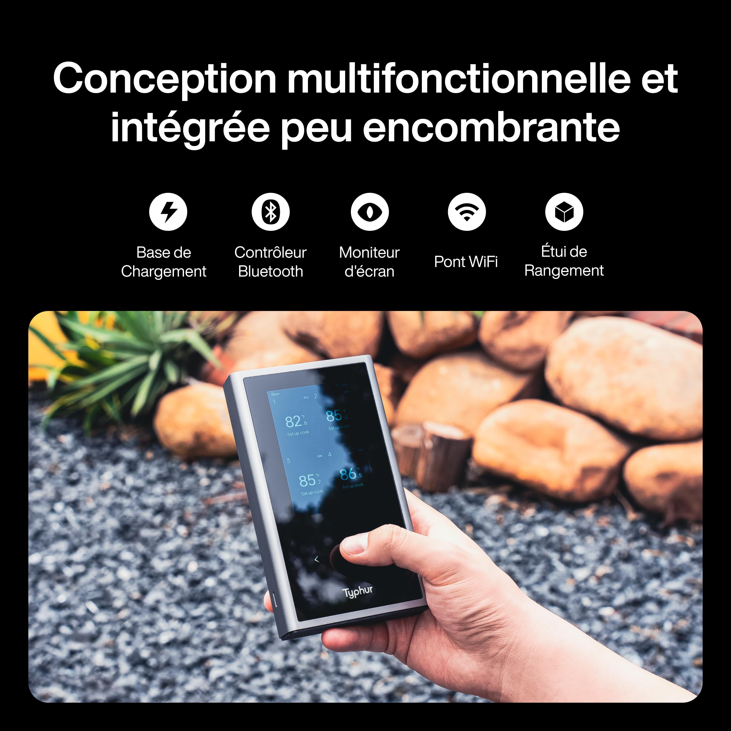 Typhur Thermomètre à Viande Intelligent Sans Fil -2 Sondes 12 Capteurs, 122m Bluetooth 5.4 Haute Stabilité, Surveillance WiFi Illimitée, IP67 Etanche Thermomètre Cuisine Cuison pour Gril Four Barbecue