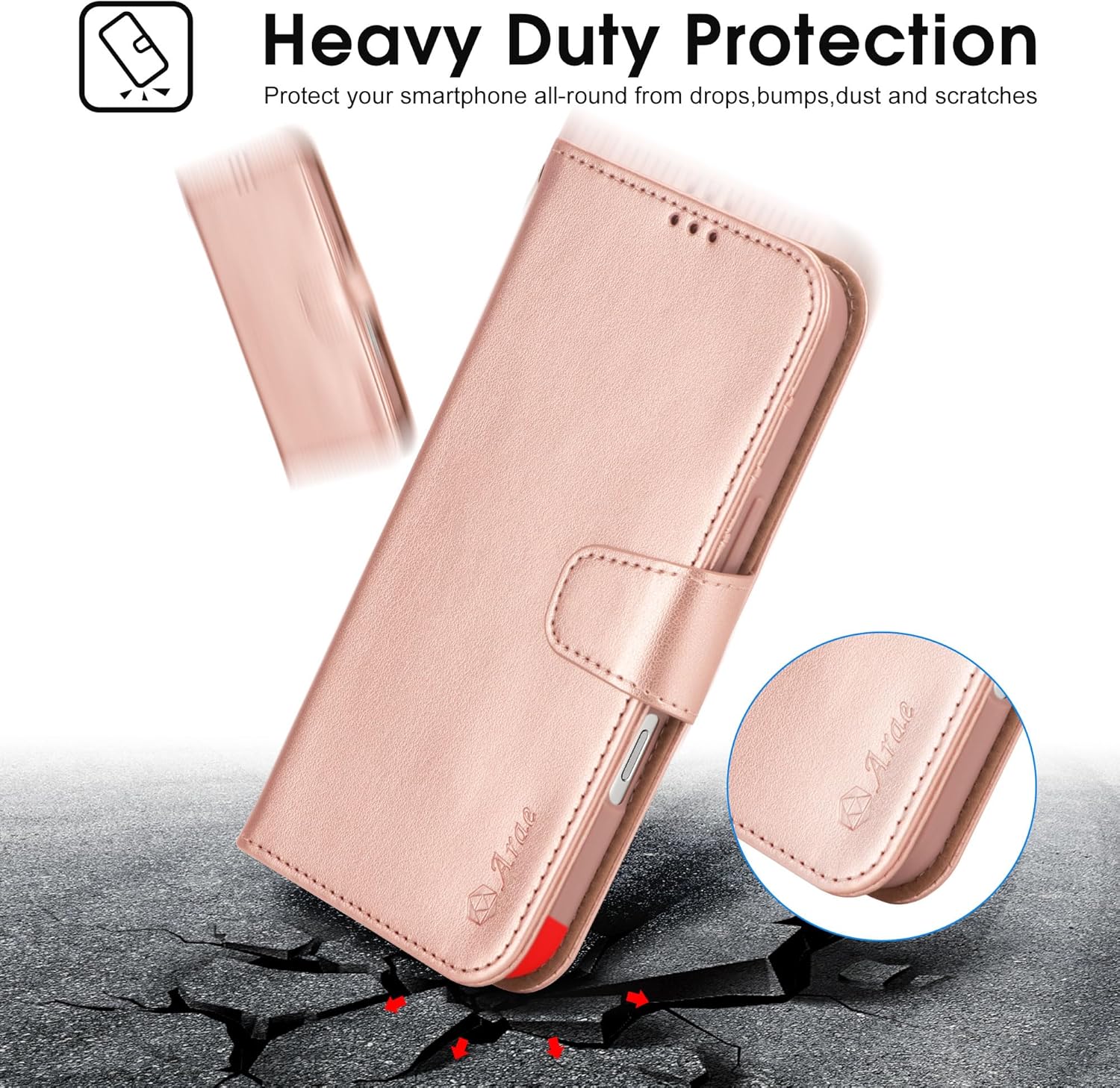 Arae Compatible with iPhone Air Case Wallet with Card Holder, Wristlet Strap Wallet Flip Cover for iPhone Air 6.5 inch Men/Women, RFID Blocking, Kickstand, Rose Gold - Image 7