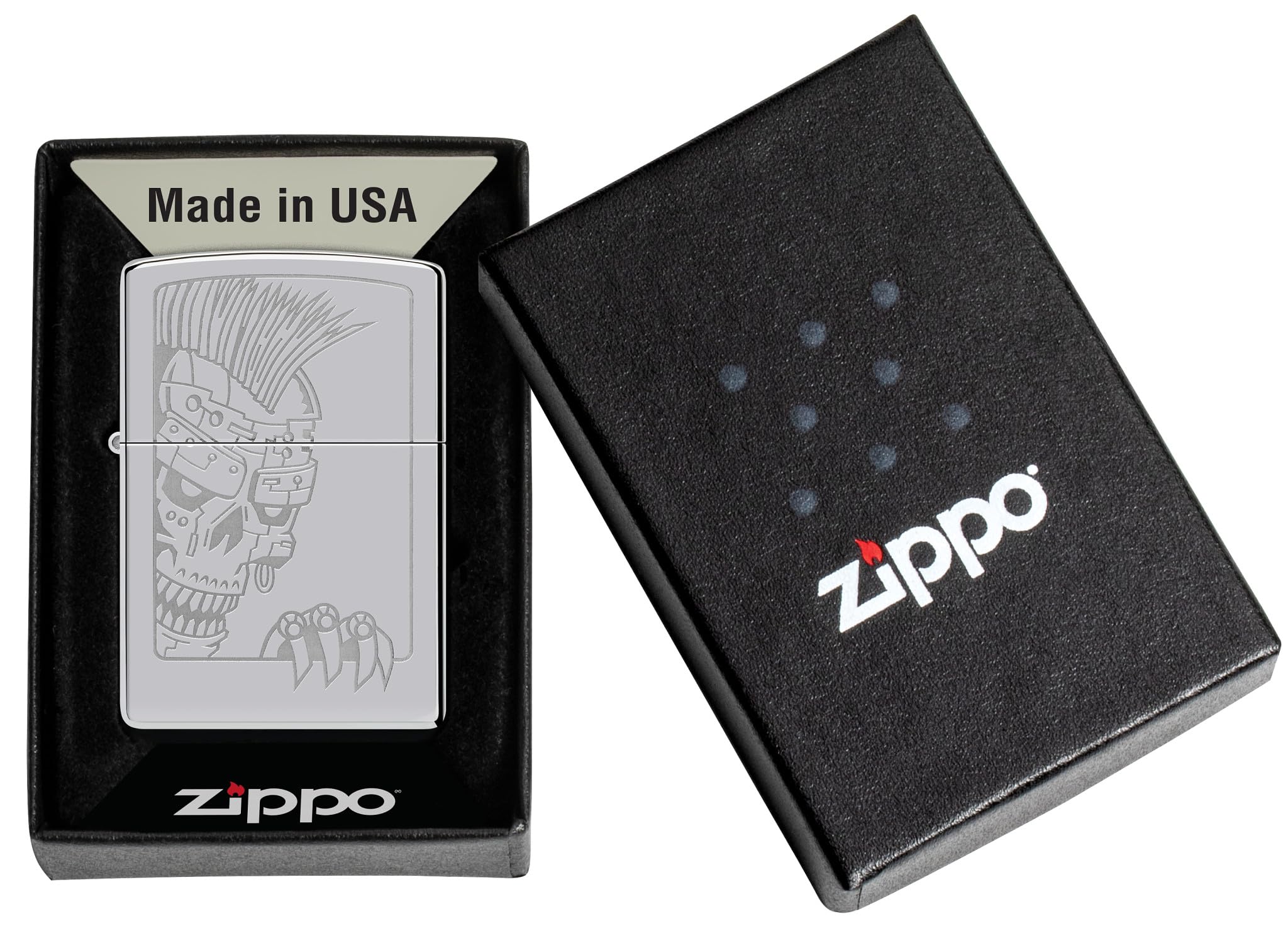 Zippo Briquet tempête – Design tête de Mort Mohawk – Argent – Chrome Poli – Lustré – Rechargeable – Réutilisable – Résistant au Vent – Boîte Cadeau – Fabriqué aux États-Unis