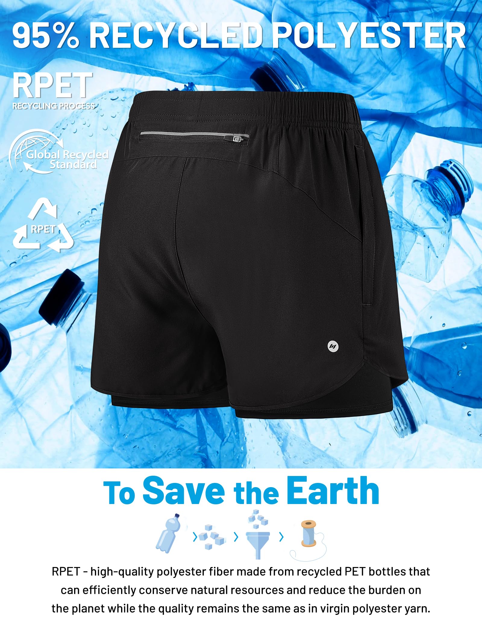 MIER Short de course 2 en 1 pour homme avec doublure de 7,6 cm, séchage rapide, short de sport avec poches