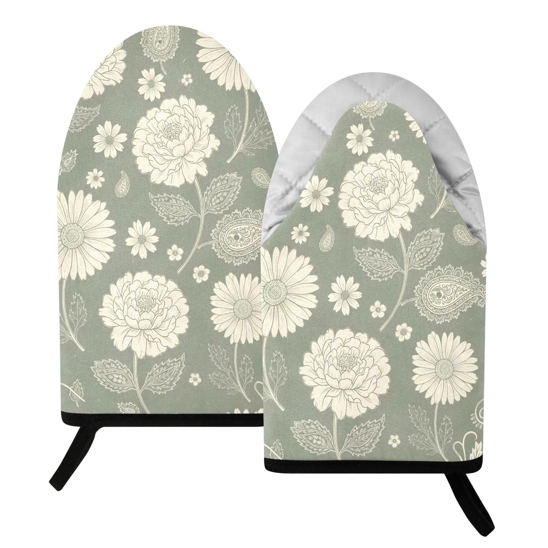 Kutsu Floral Oven Mitts for Kitchen, Heat Resistant Cotton Oven Gloves for BBQ Baking Cooking, Breathable Kitchen Essentials, 2 pcs