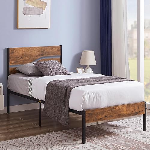 Miniatura 5 de VECELO - Base de cama tamaño individual con cabecera de madera rústica, listones de metal fuertes, base de colchón, no necesita somier, fácil montaje