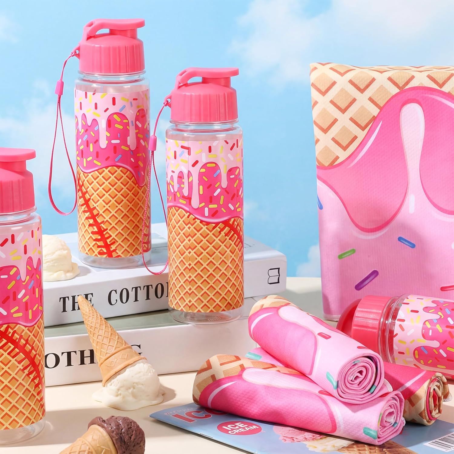 24 Pack Baseball Ice Cream Drip Party Favor Bulk 12 Pcs 17 oz Plastic Ice Cream Drip Water Bottles Bulk 12 Pcs 40"x12" Baseball Cooling Towels for Sport Team Gift Stuff Party Favors