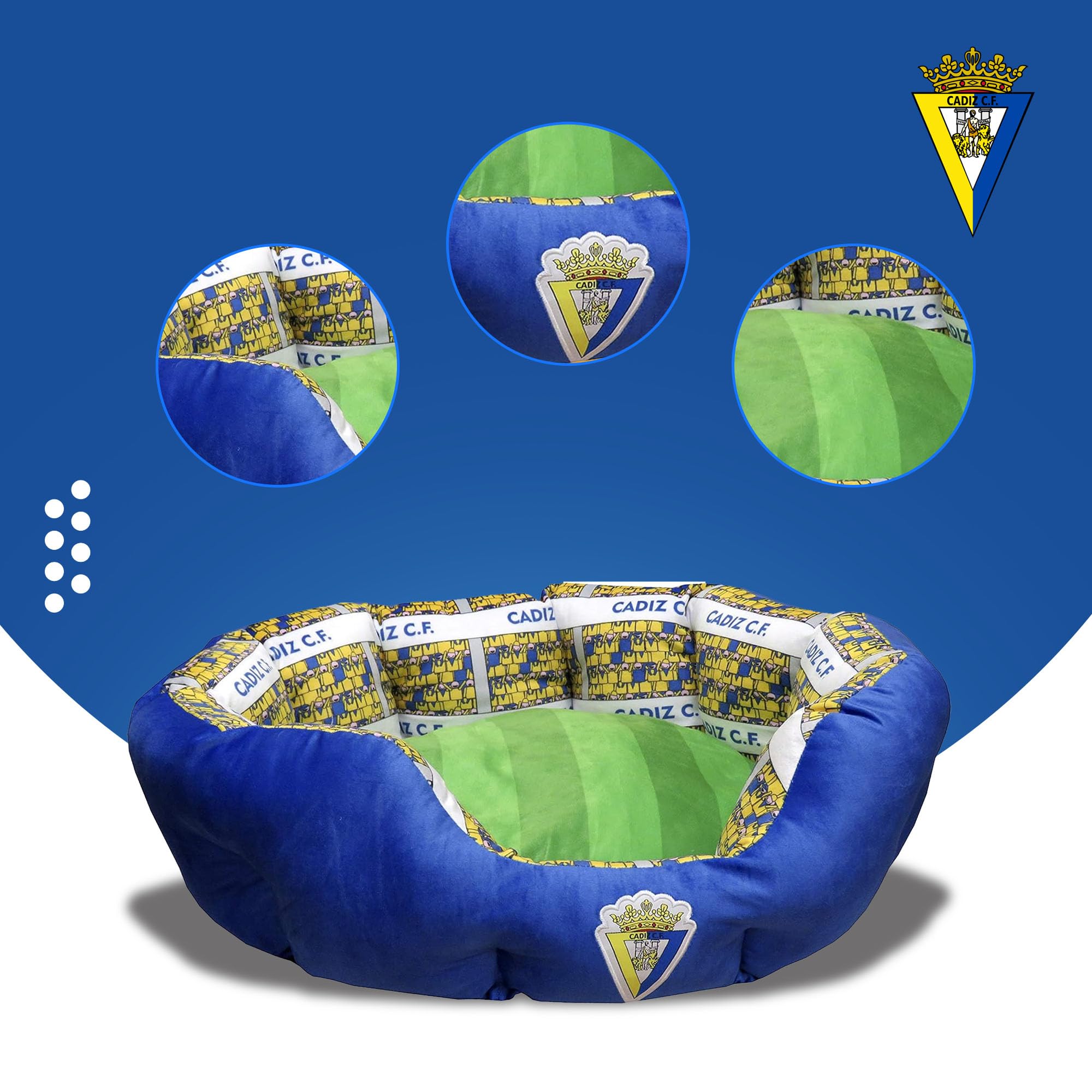 CÁDIZ CF - Cama para Mascotas, Perros, Gatos, Conejos, Talla S/M, Variedad de Tamaños Disponibles, Forma de Estadio, Cojín Independiente, Producto Oficial (CyP Brands)