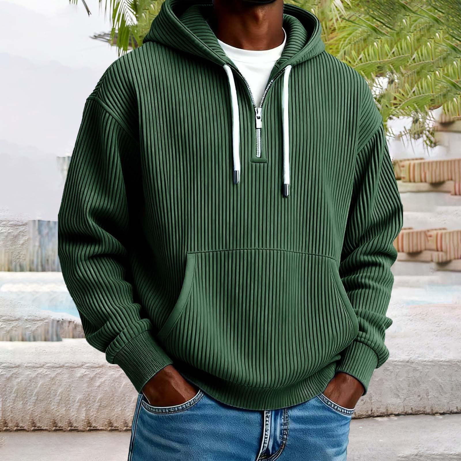 Felpa da uomo in velluto a coste casual con cappuccio e zip a un quarto