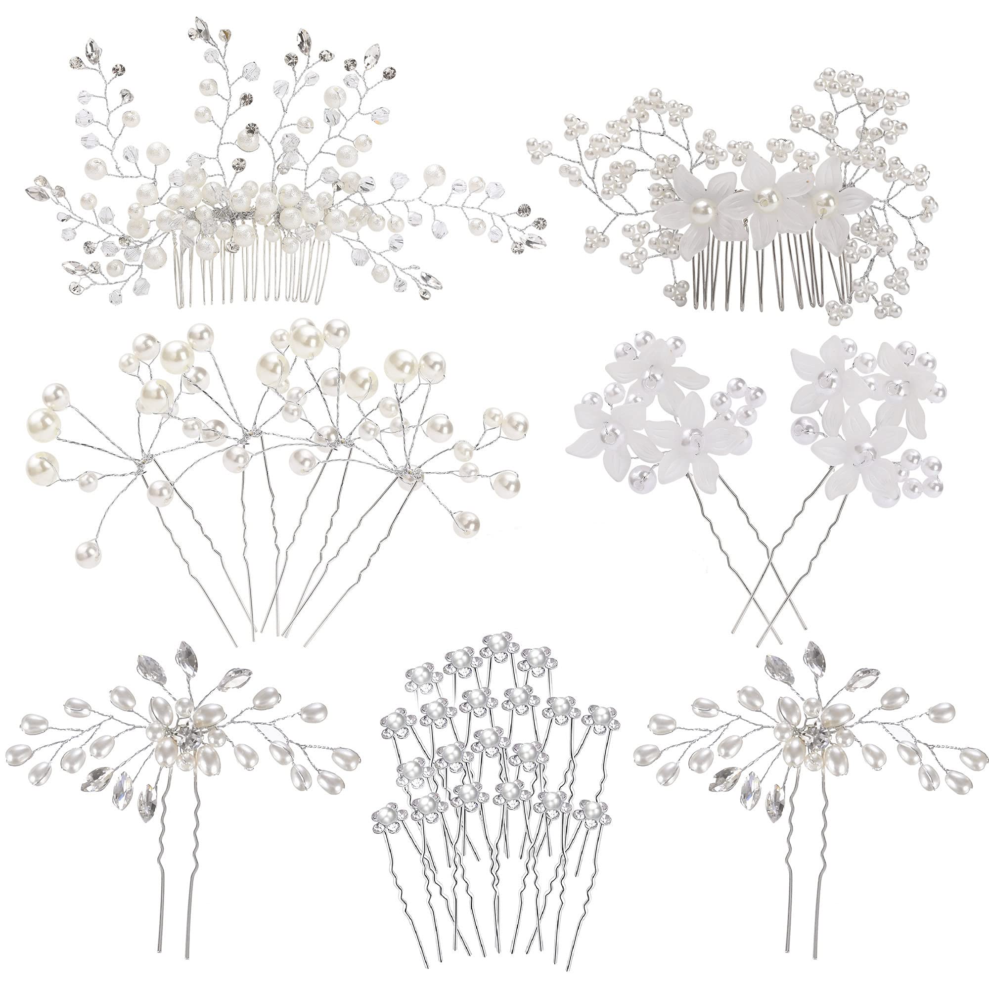 inSowni 30 Pack Silver Wedding Bridal Hair Side Combs+U Shaped Hair Pins Clips Barrettes Prom Hair Pieces Rhinestone Pearl Baby Breath White Flower Decorative Accessories for Women Girls Bridesmaids