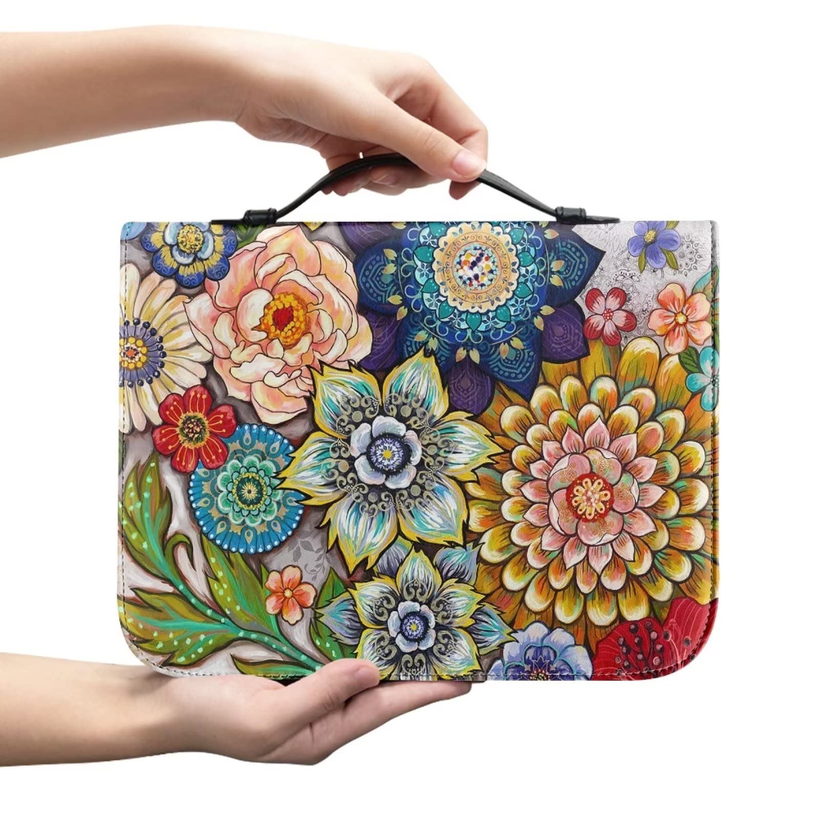 SEANATIVE Boho Colorful Flower Bible Cover for Women PU Leather Bible Case Study Bible Carrier Church Bag with Portable Handle