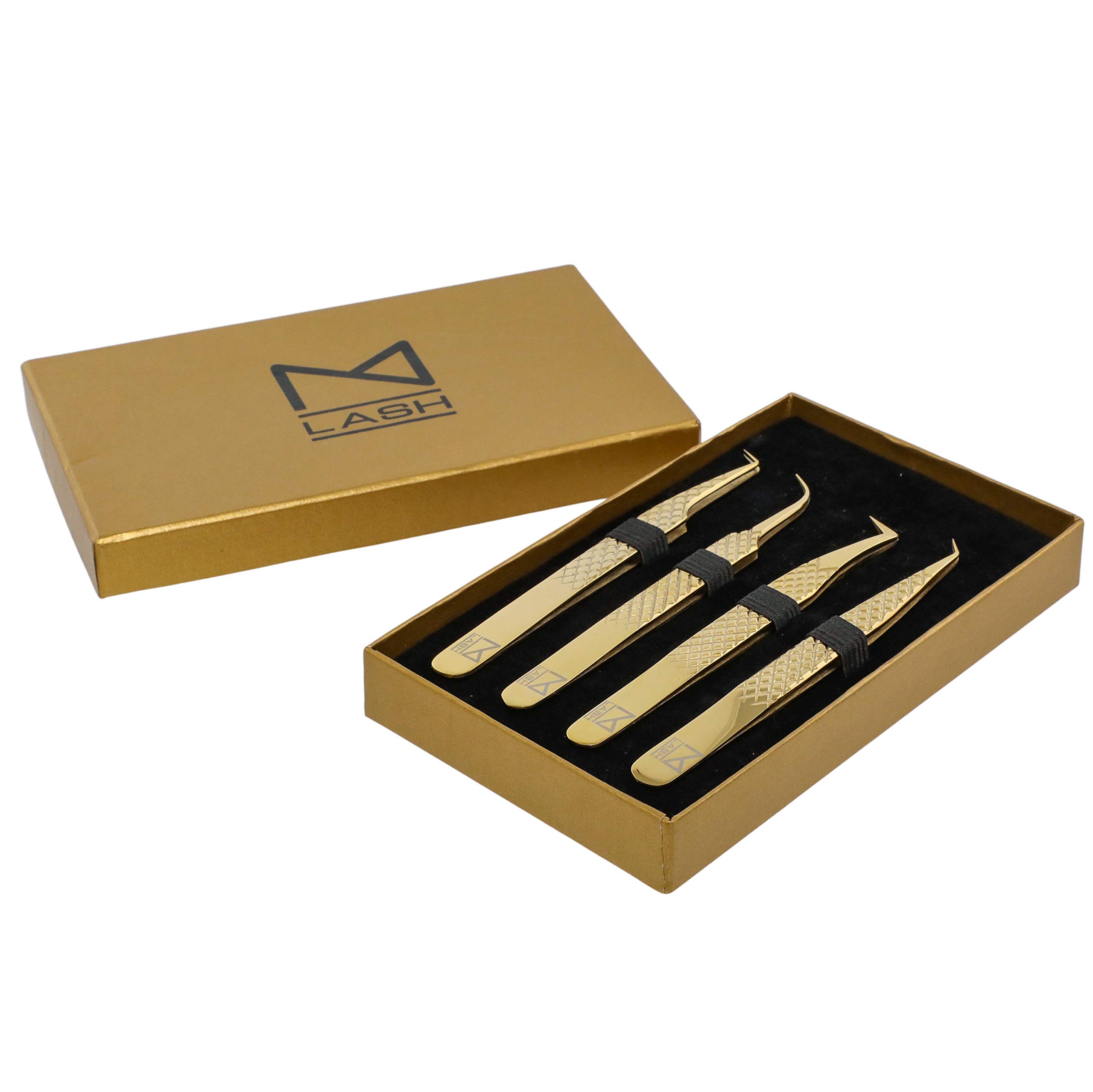 M Juego de 4 pinzas para pestañas, extensiones de pestañas, color dorado | Punta de fibra, acero japonés, agarre de diamante, pinzas profesionales para extensiones de pestañas